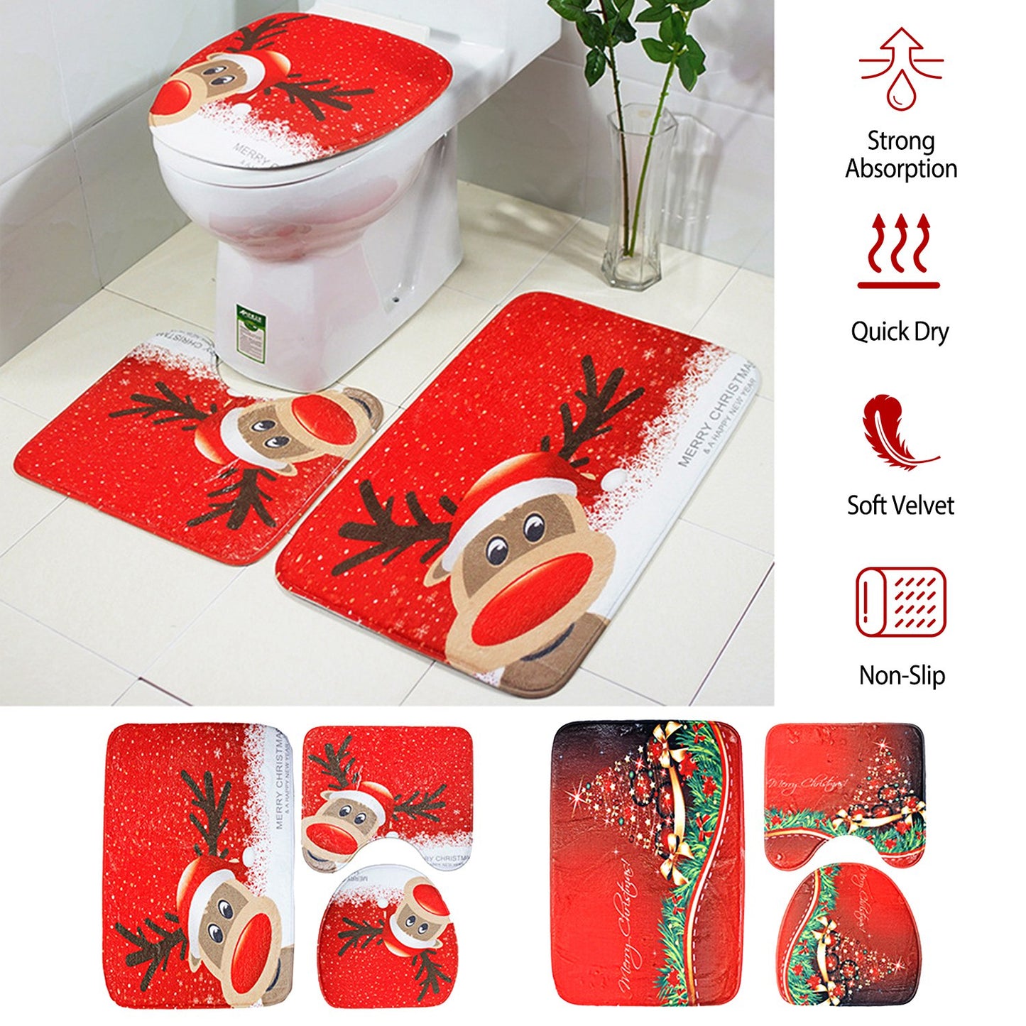 3 Pcs Christmas Bathroom Rugs Set Contour Non-slip Toilet Mats Absorbent Cozy Velvet Floor Carpets