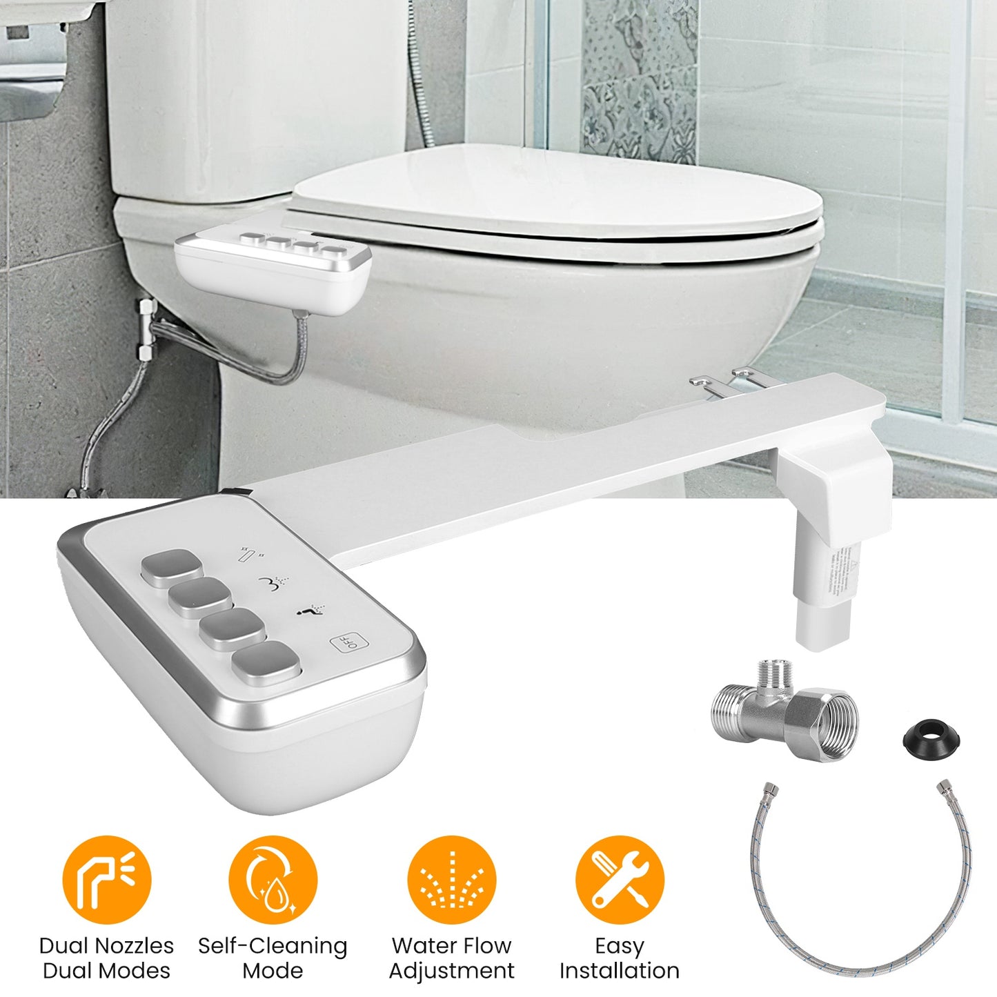 Bidet Attachment for Toilet Non-Electric Fresh Water Bidet Sprayer Toilet Seat Attachment with Dual Nozzles Water Flow Control Self-Cleaning Mode