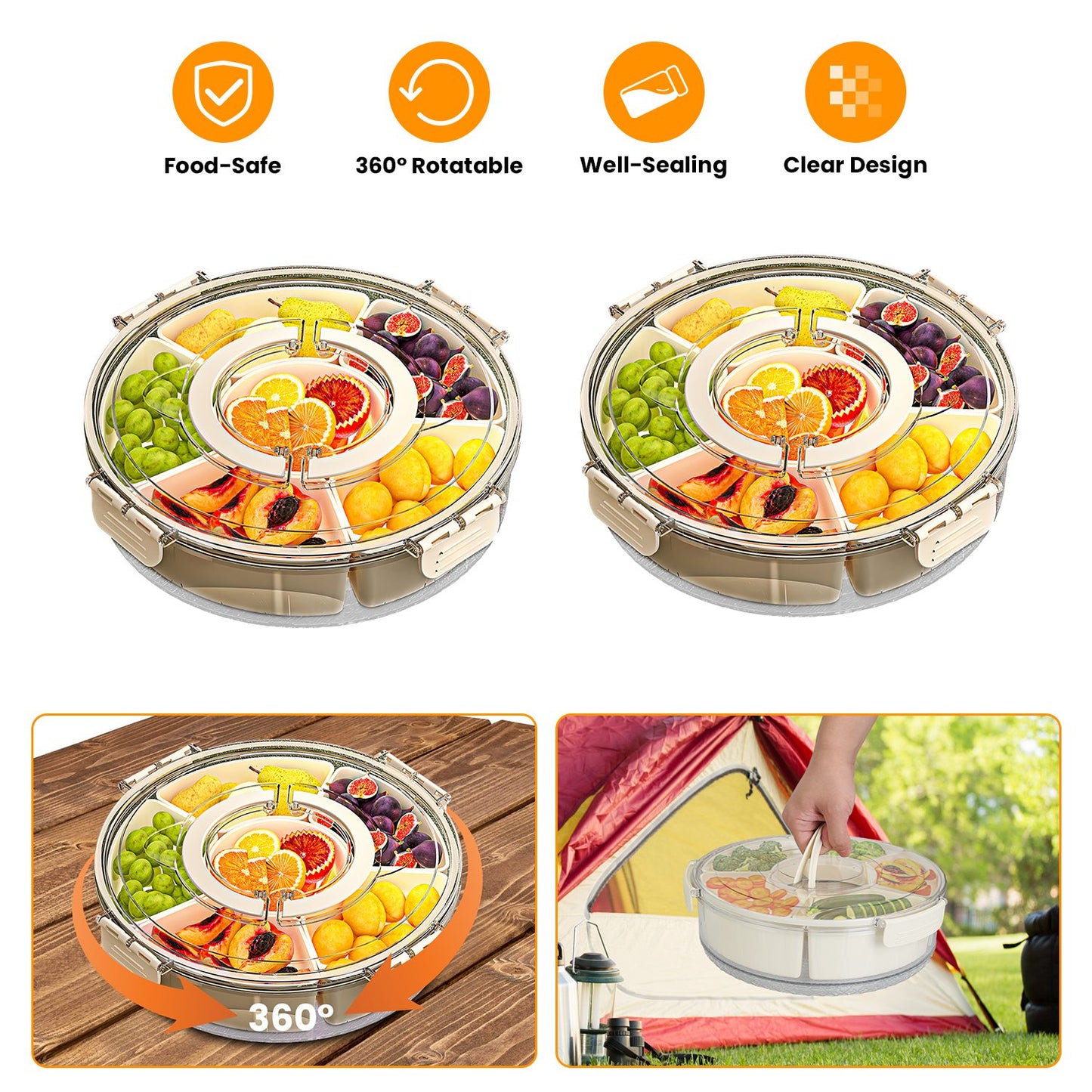 2Pcs Divided Serving Tray with Lid and Handle 360¡ Rotatable Snack Box Container with 6 Dividers Clear Portable Snack Platters for Fruit Candy Nut Sna