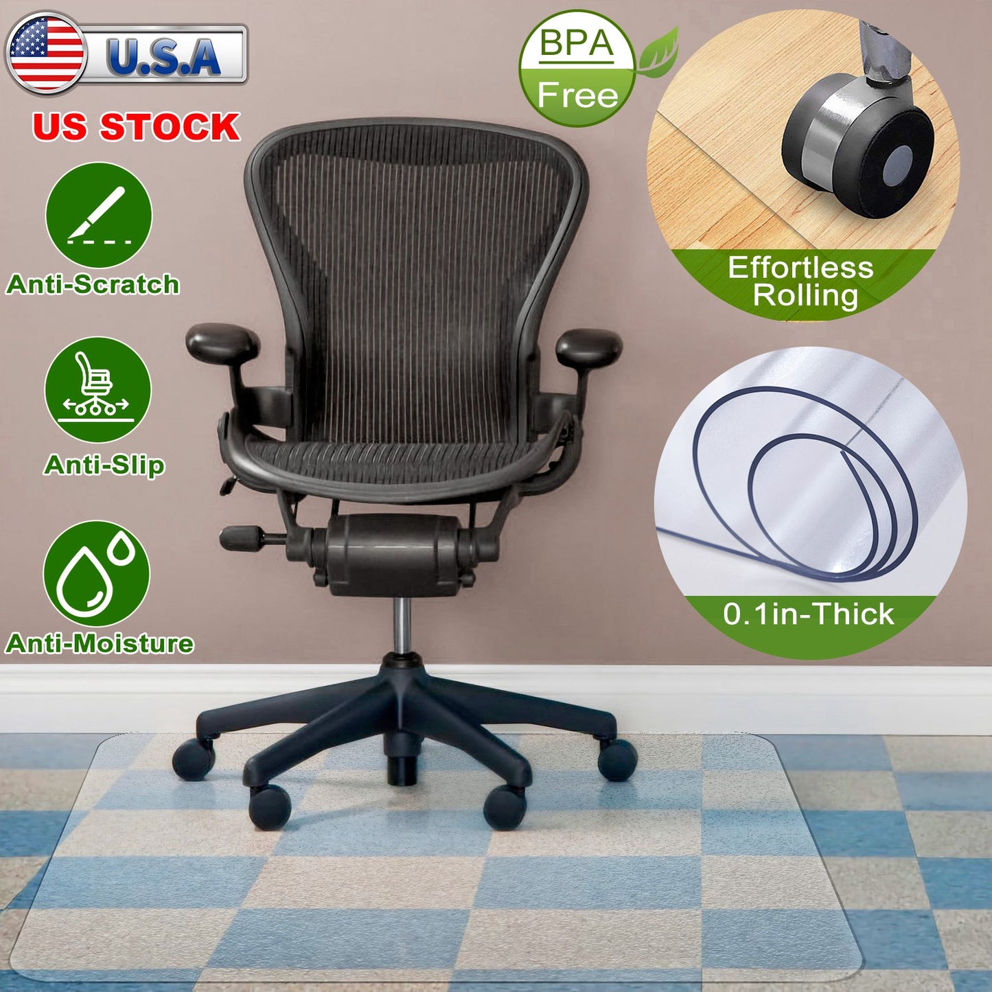 36Ó x 48Ó Chair Desk Mat Floor Carpet PVC Protector Mat Home Office Hard Wood Floor Use