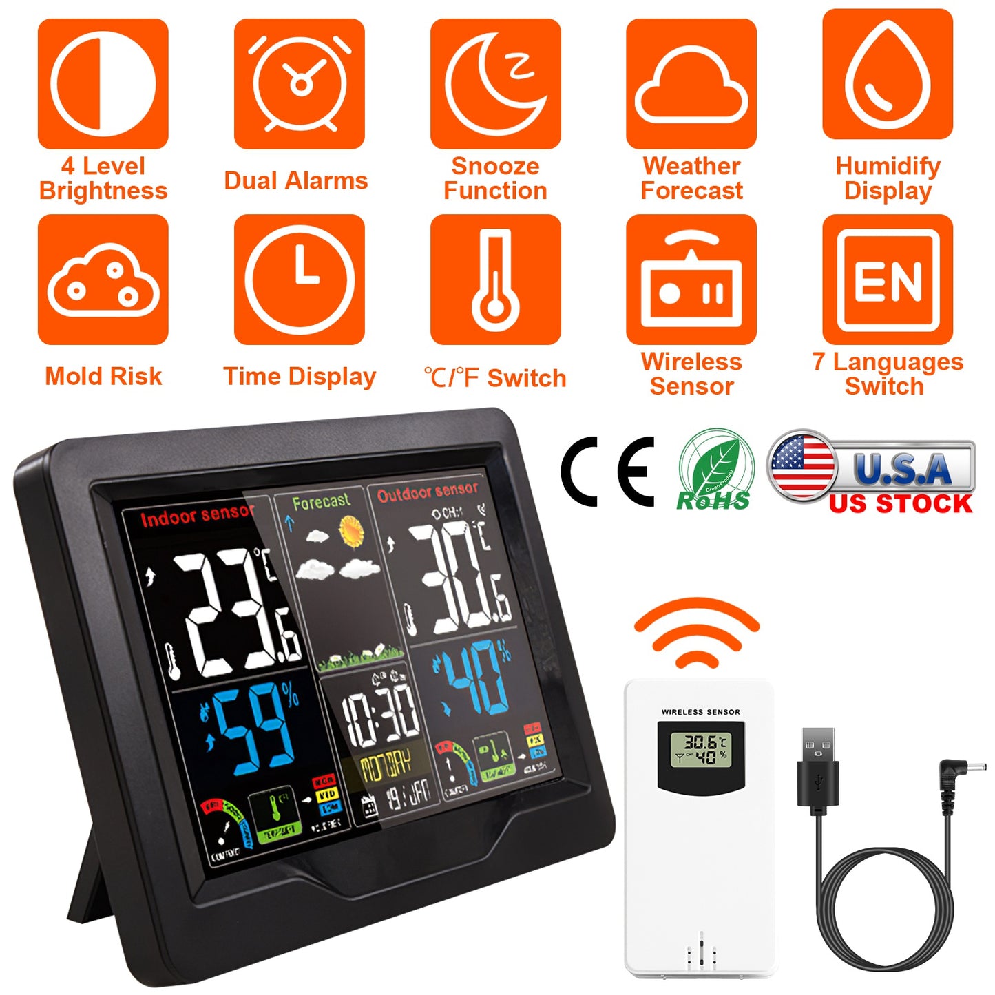 Electric Weather Station Snooze Alarm Clock Wireless Sensor Indoor Outdoor Thermometer Humidity Weather Forecast Temperature Frost Alert with Backligh