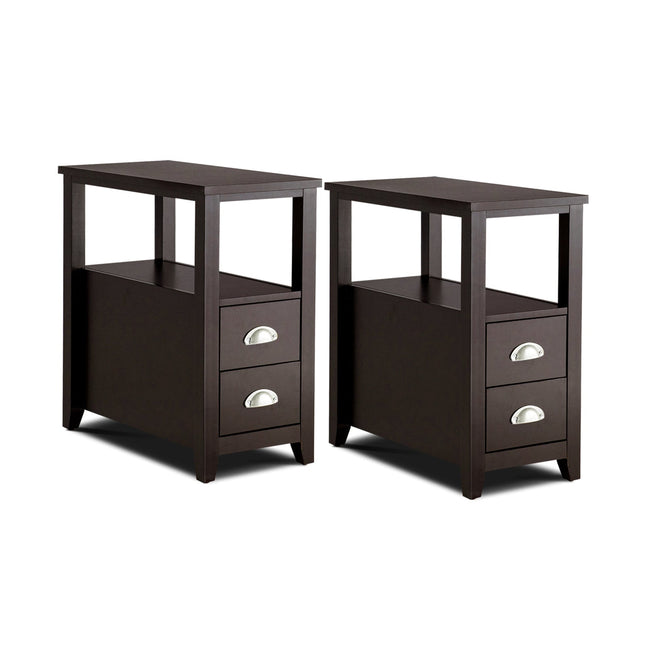 Set of 2 End Table Wooden with 2 Drawer & Shelf Bedside Table