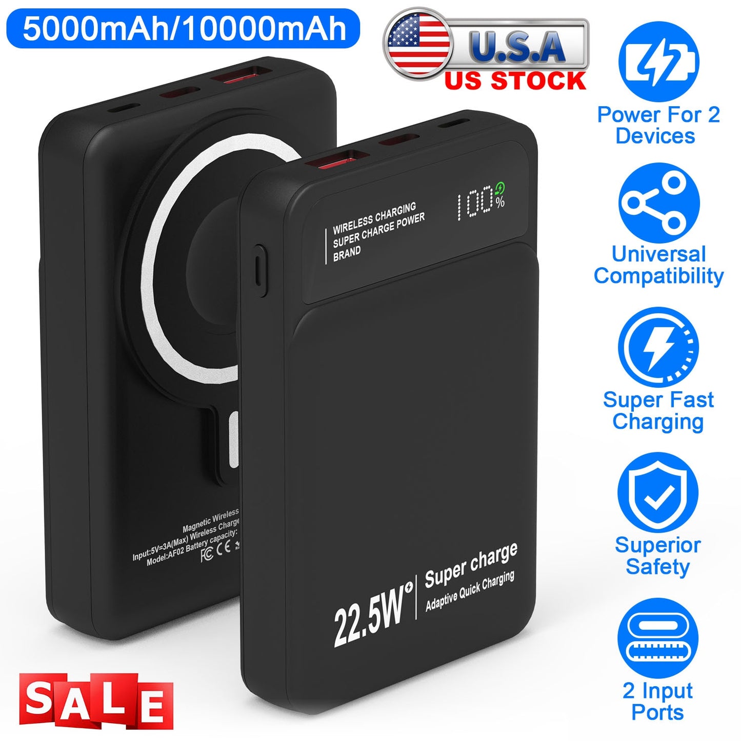 5000mAh Magsafe 3 In 1 Portable Charger PD22.5W Magnetic Fast Charger Fast Charging Power Bank Fit For IOS Phone 15/14 Samsung Galaxy S24 And More