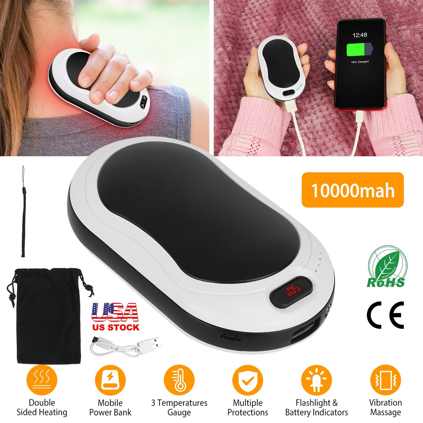 Portable Hand Warmer 10000mAh Power Bank Rechargeable Pocket Warmer Double-Sided Heating with Flashlight 3 Temperature Adjustment