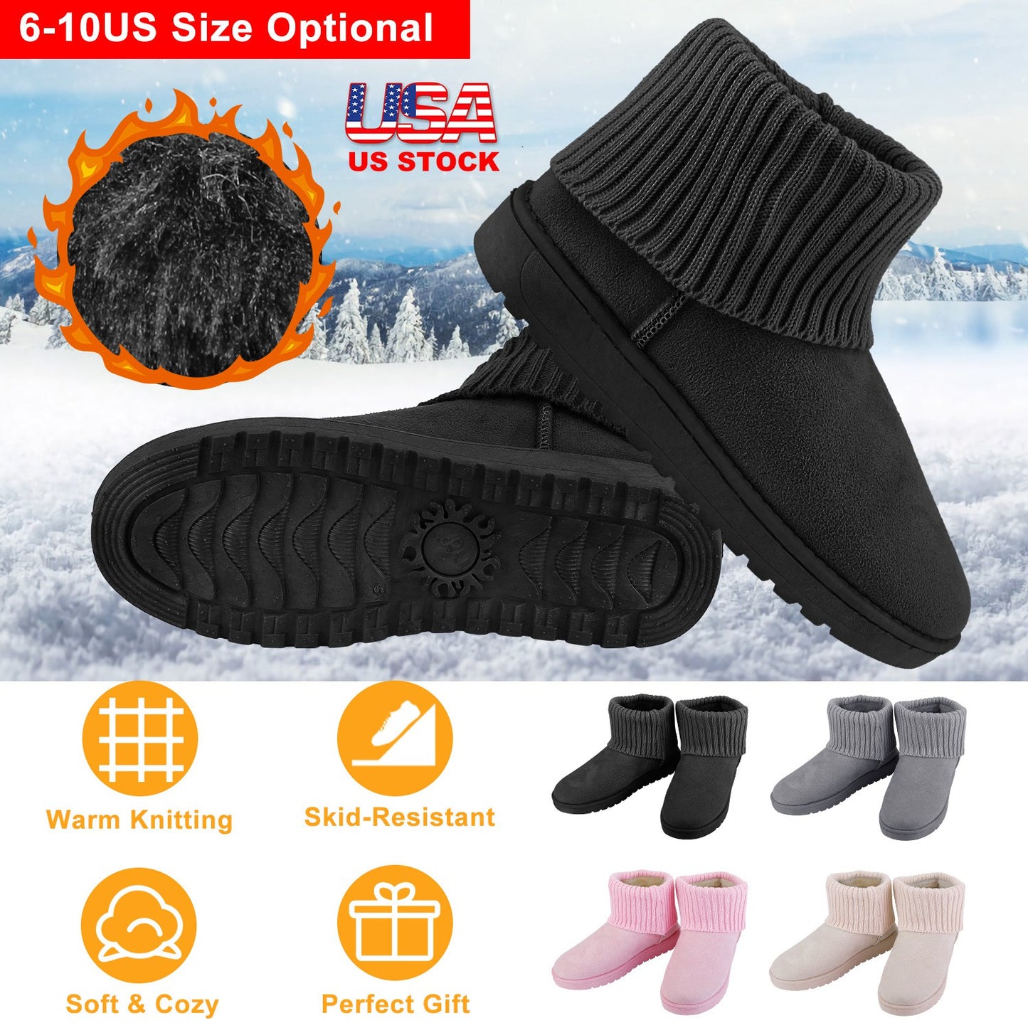 Women Lady Snow Boots Suede Mid-Calf Boot Shoe Short Plush Warm Lining Shoes w/ Anti-slip Rubber Base Knitting Design