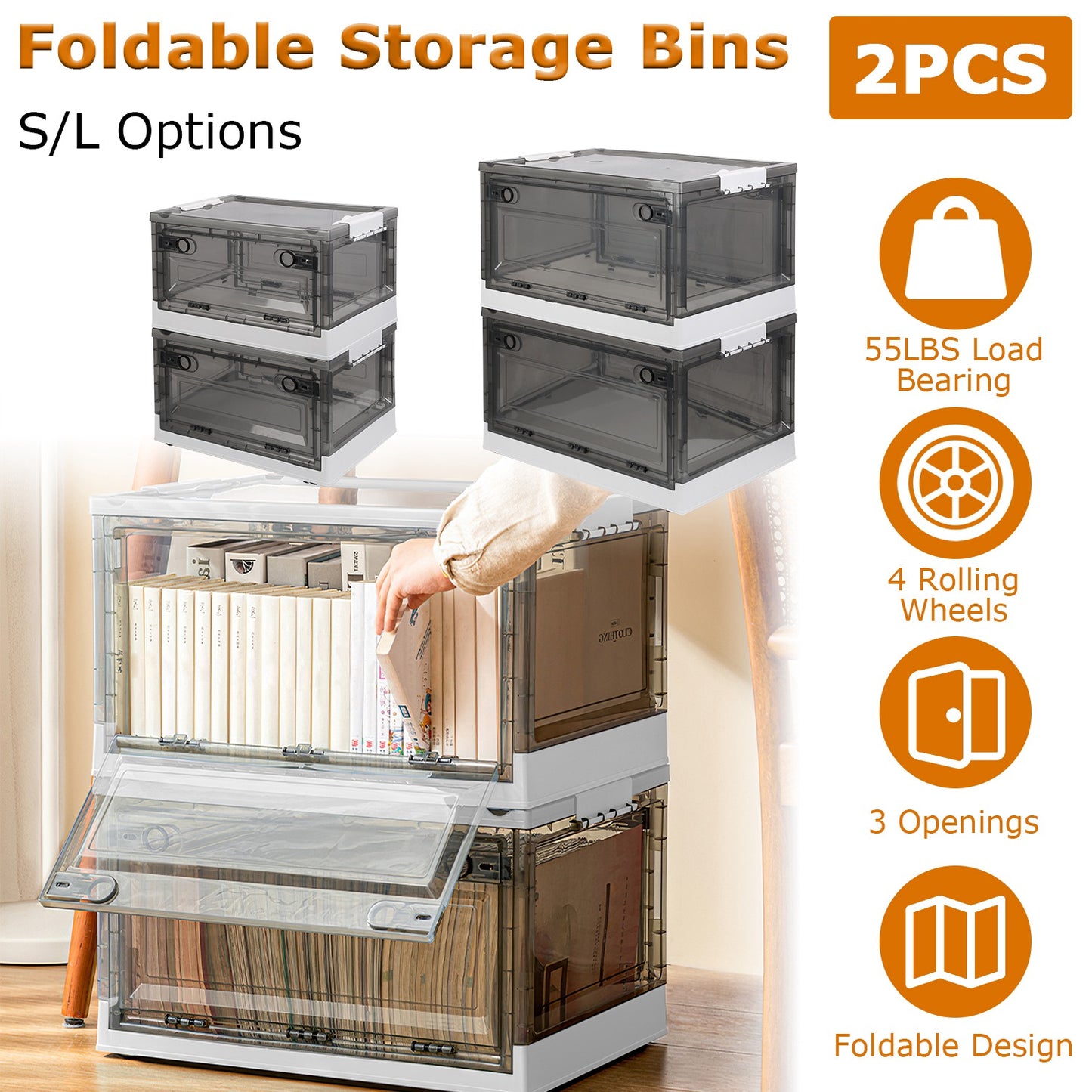 2 Packs Foldable Storage Bins Collapsible Storage Box Organizer Stackable Toy Container with Double Doors Top Lid Rolling Wheels for Clothes Toys Book