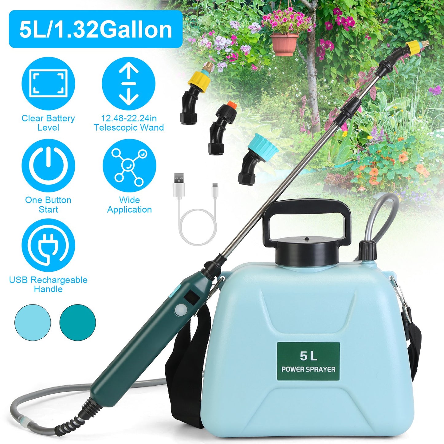 5L/1.32Gallon Battery Operated Water Sprayer Portable Garden Sprayer Electric Sprayer with Rechargeable Handle Telescopic Wand 3 Spray Nozzles Shoulde