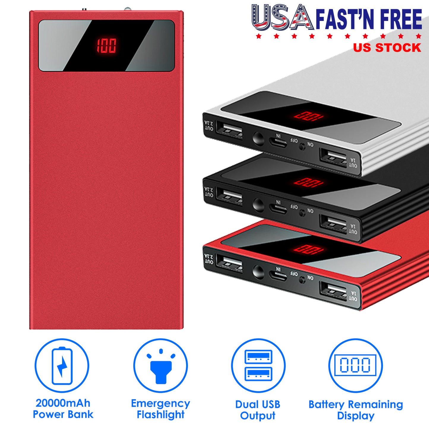 20000mAh Power Bank Ultra-thin External Battery Pack Phone Charger Dual USB Ports Flashlight Battery Remain Display