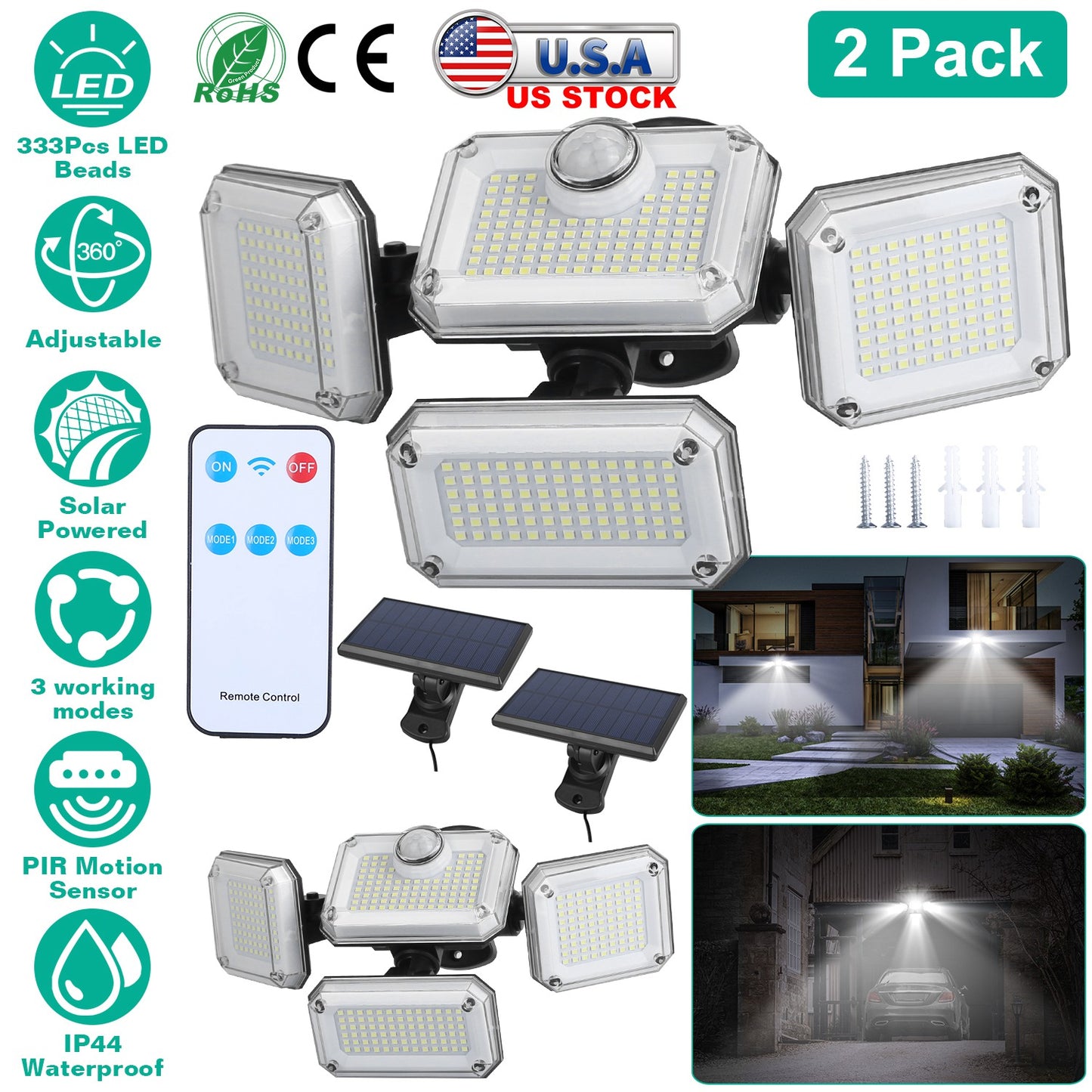 2 Pack Solar Powered Wall Lights IP44 Waterproof Motion Sensor Lamps with Separate Solar Panel 4 Adjustable Heads 333Pcs Beads 120¡ Sensing Angle Remo