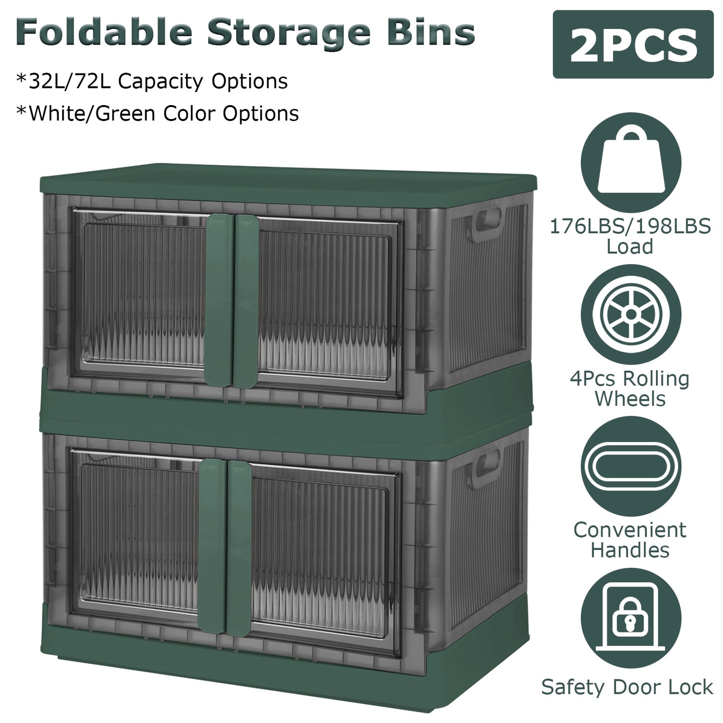 2Pcs 72L Foldable Storage Bins with Lid Collapsible Stackable Closet Organizer Containers with Front Door Lock 4Pcs Wheels