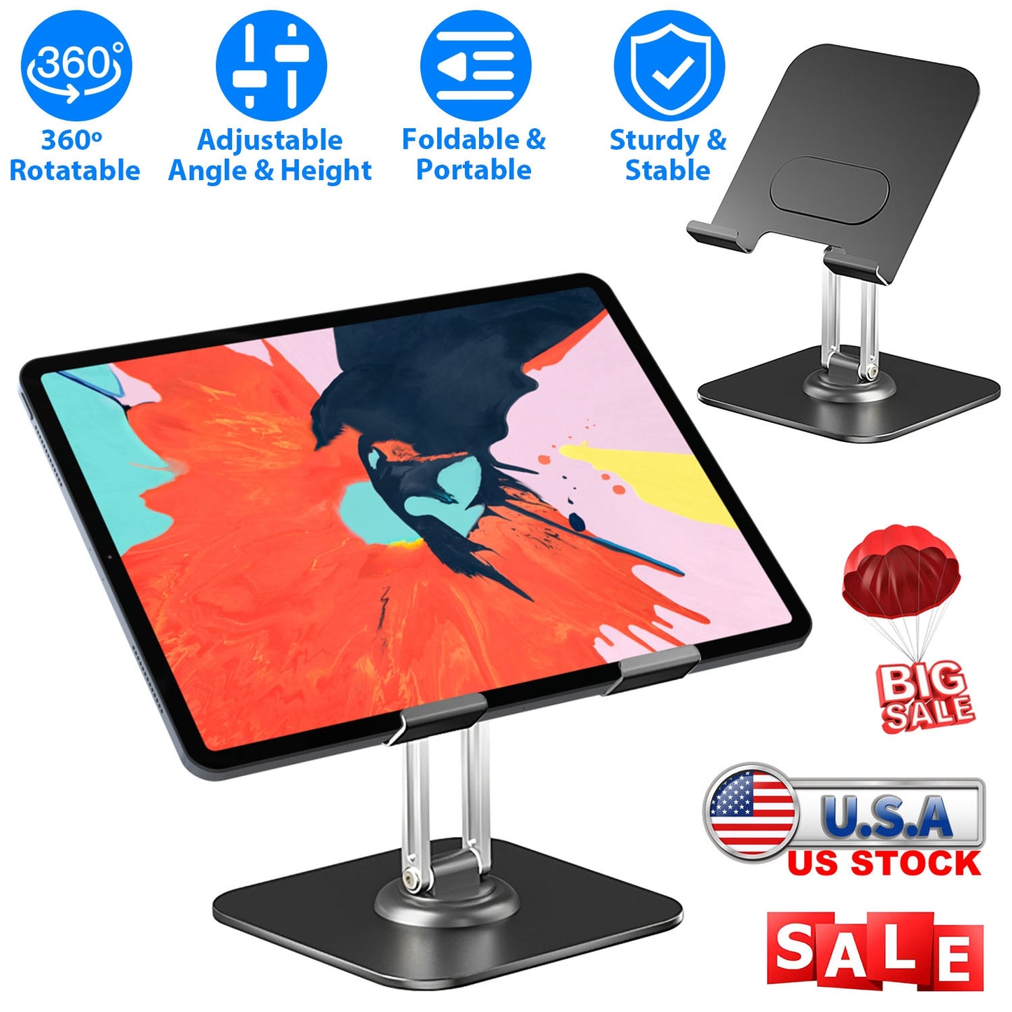 Foldable iPad Tablet Stand Adjustable Tablet Holder for Desk Rotatable Monitor Stand Holder Fit For iPad 11 10 9 8 7 Aluminum Alloy