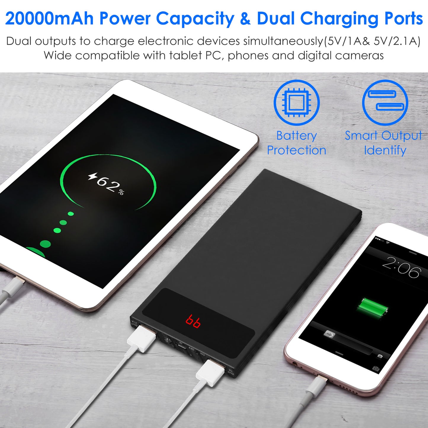20000mAh Power Bank Ultra-thin External Battery Pack Phone Charger Dual USB Ports Flashlight Battery Remain Display