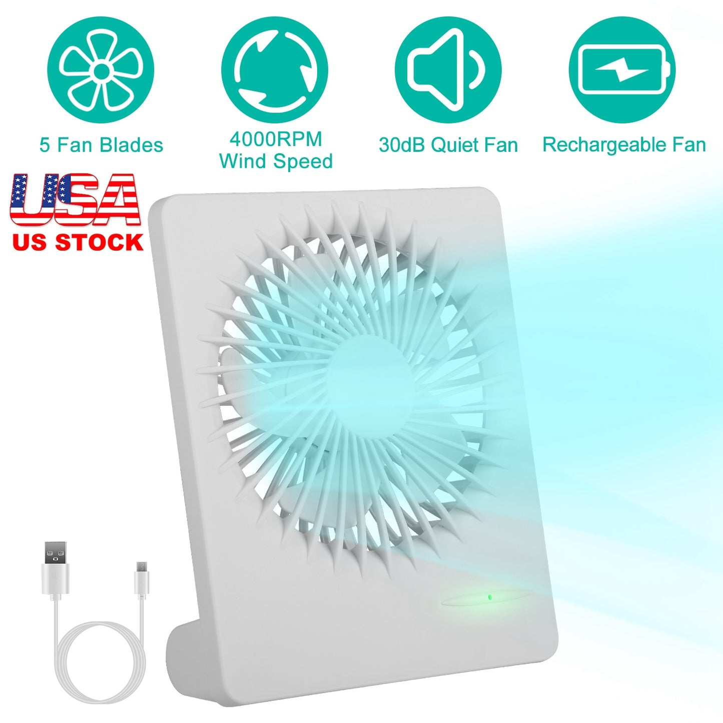 Portable Desk Fan USB Rechargeable Table Cooling Fan Quiet 5 Blades Desktop Fan with 3 Speeds Ajustment for Bedroom Office