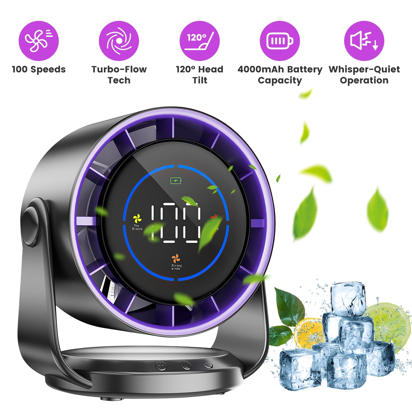100 Speeds Desk Fan Battery Operated Wall Mounted Fan Rechargeable Mini Desk Fan with 120¼ Tilting Angle for Home Office Travel