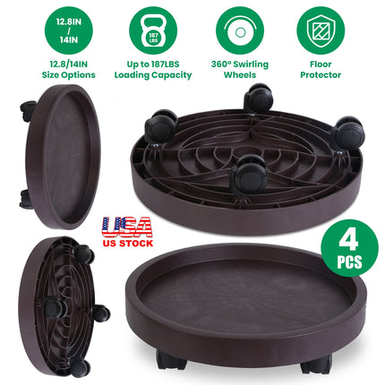 4Pcs 12.8IN Or 14IN Plant Caddy With Wheels Up to 187LBS Load Capacity Rolling Plant Stand With 4Pcs 360° Swirling Wheels For Indoor Outdoor