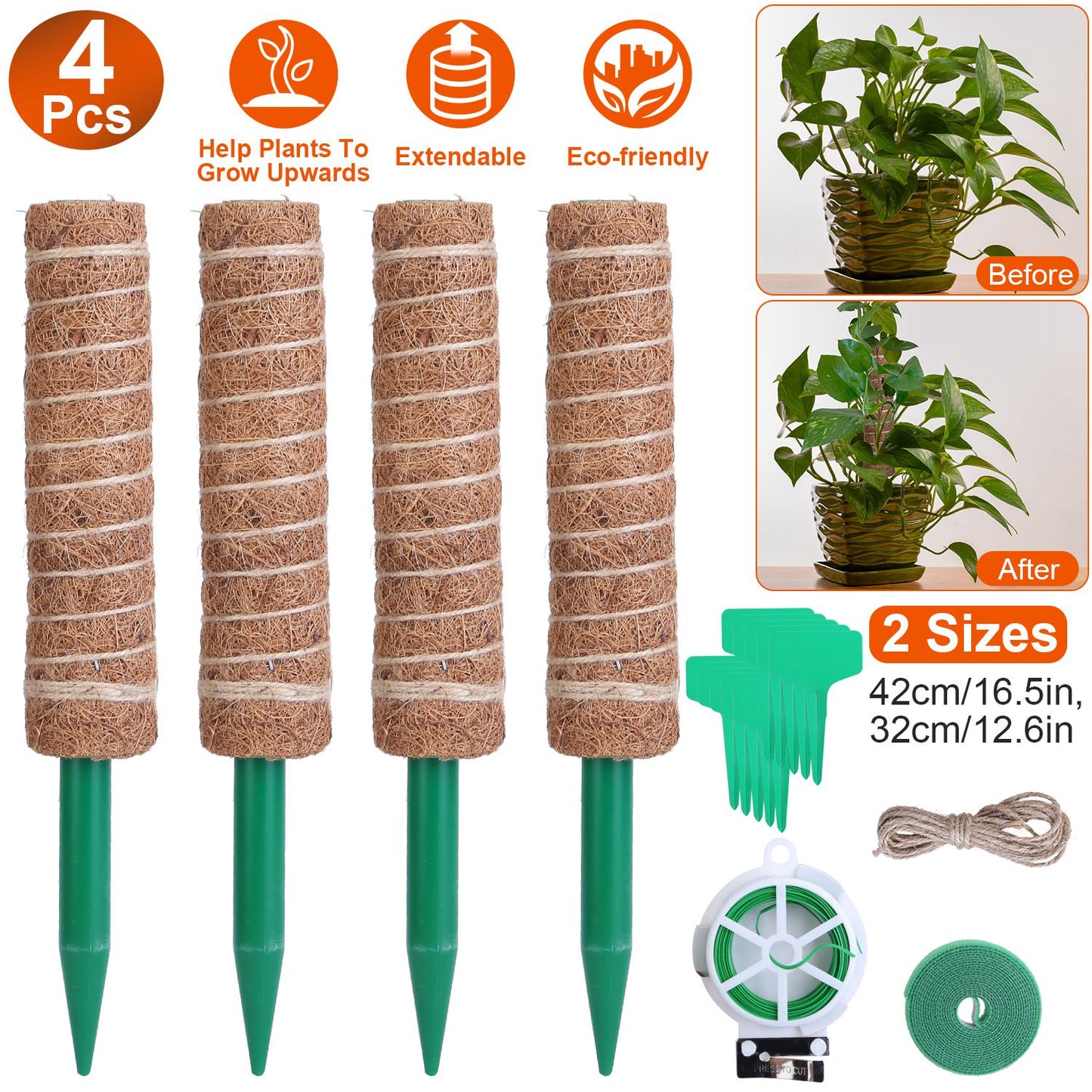 4Pcs Coco Coir Extendable Moss Pole for Climbing Plants Plant Support with 10 Labels 6.6Feet Jute Rope 6.6 Feet Fasten Strap 65.6 Feet Twist Tie Indoo