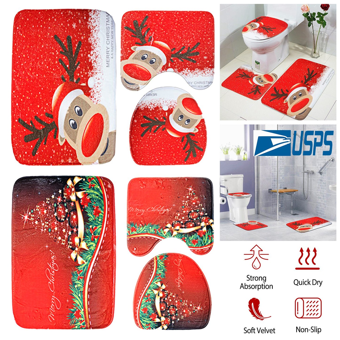 3 Pcs Christmas Bathroom Rugs Set Contour Non-slip Toilet Mats Absorbent Cozy Velvet Floor Carpets