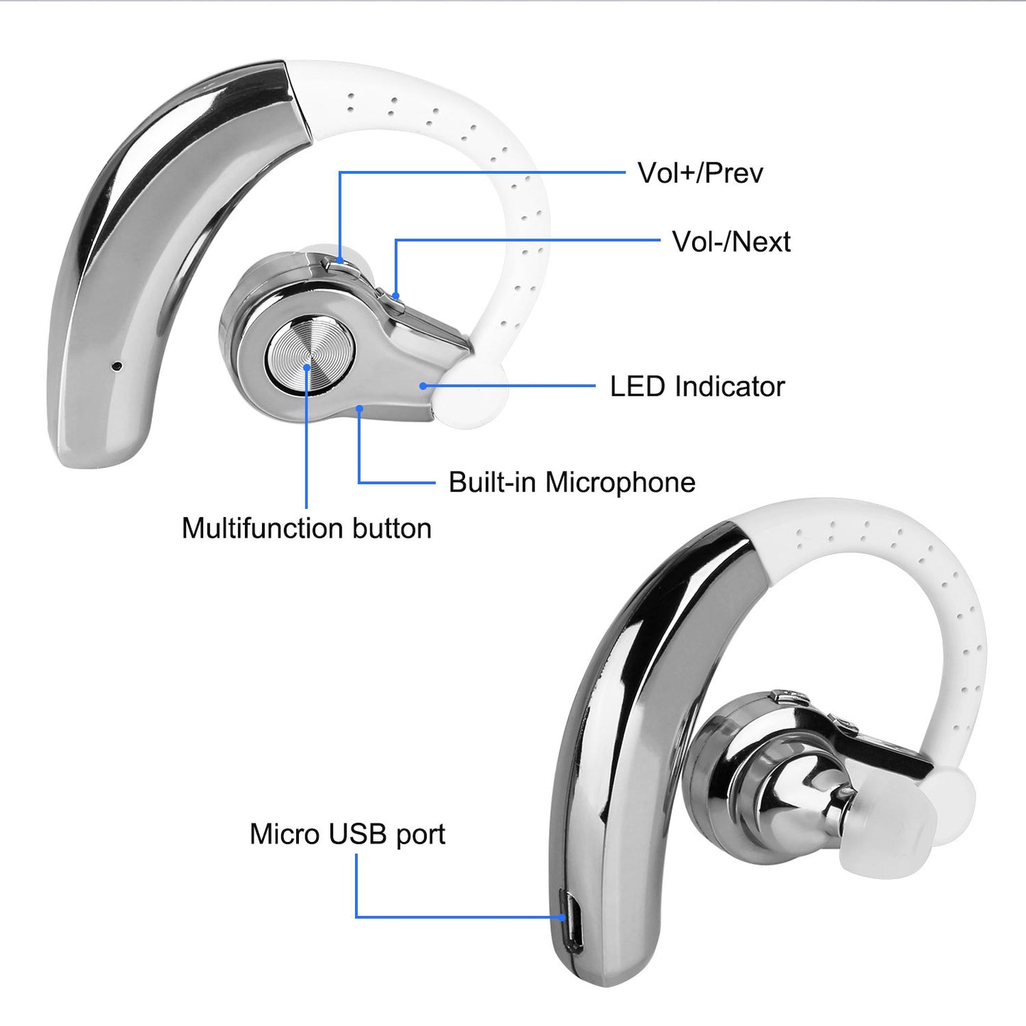 Wireless Earpiece Right In-Ear Wireless Earphone w/ Mic Earhook For Business Office Driving 120Hrs Playtime