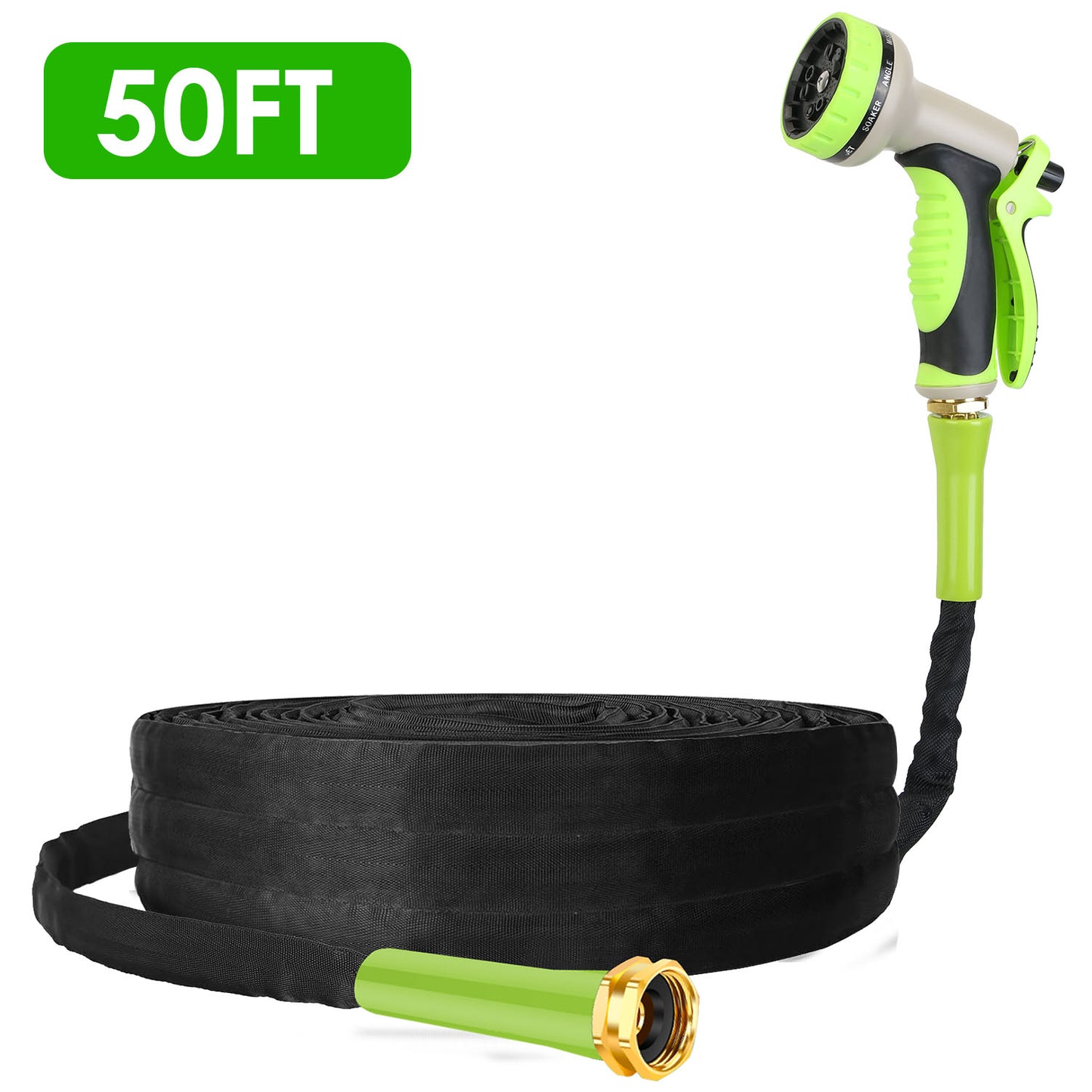 50FT Non-Expandable Garden Hose Kink-Free Lightweight Water Hose Lay Flat Garden Hose with 10 Patterns Hose Nozzle Storage Bag Hanging Hook for Outdoo