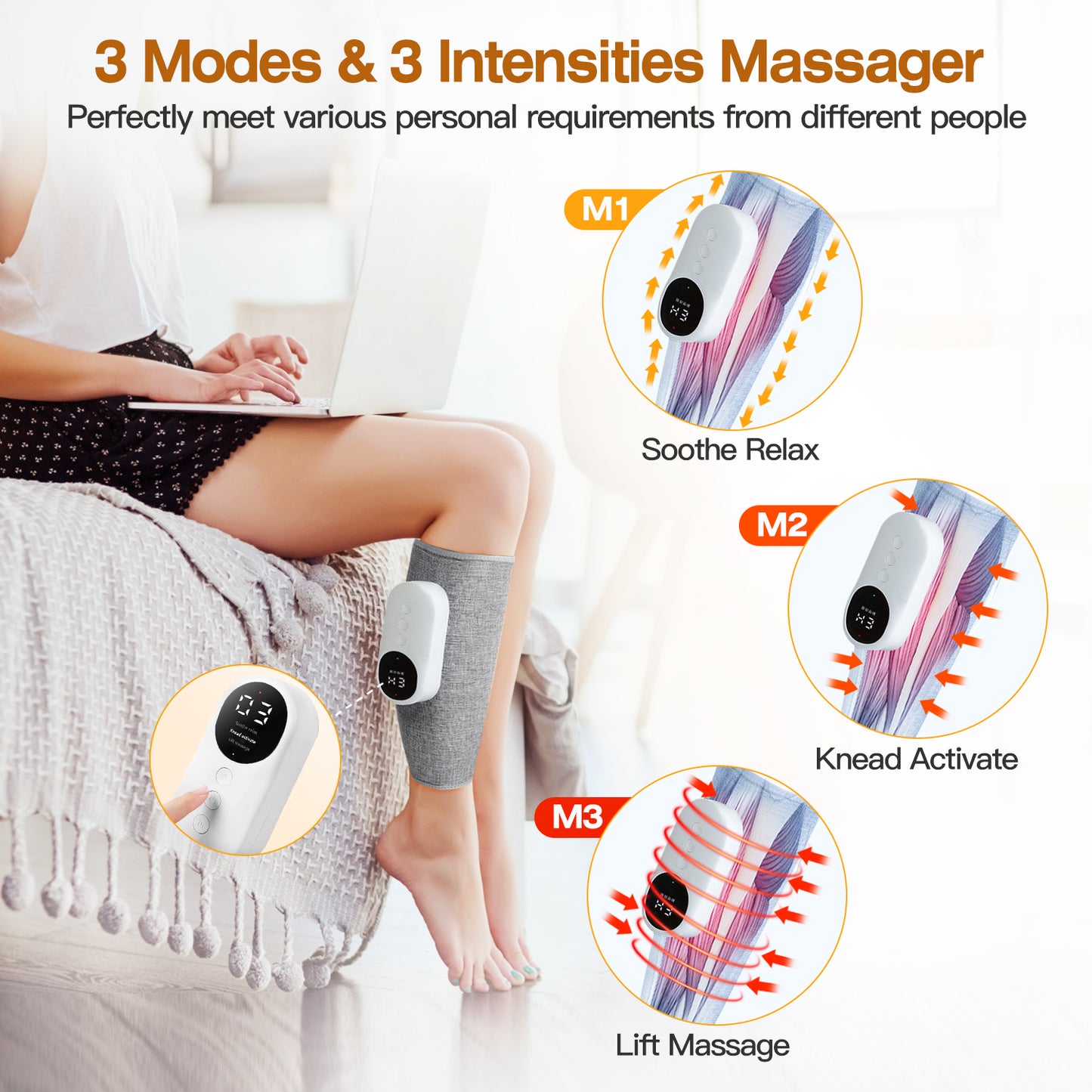 Electric Leg Calf Arm Massager Portable Cordless Rechargeable Air Leg Compression Massage Adjustable Wrap with 3 Modes Intensities Heating Function Pa