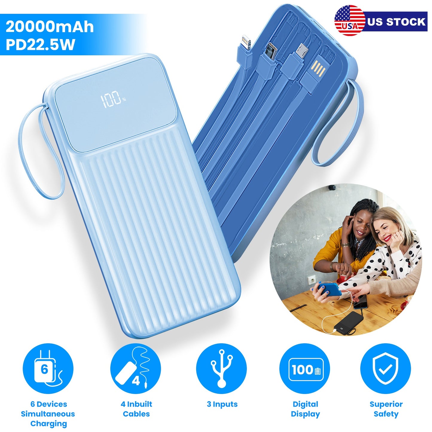 PD22.5W Fast Charger 20000mAh Fast Charging Power Bank Portable Charger with 4 Inbuilt Cables Digital Display Handle Fit For IOSPhone 15/14 Android An