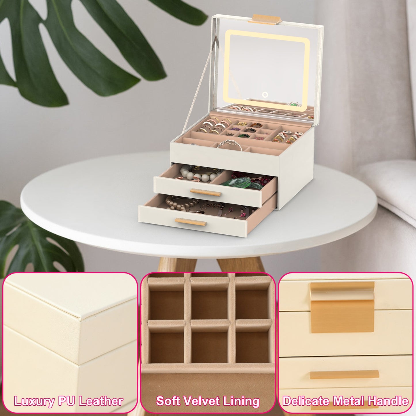 Jewelry Box with LED Mirror 3-Layer Jewelry Organizer with 2 Drawers PU Jewelry Holder with 3 Mirror Light Colors Dimmable for Earrings Rings Bracelet