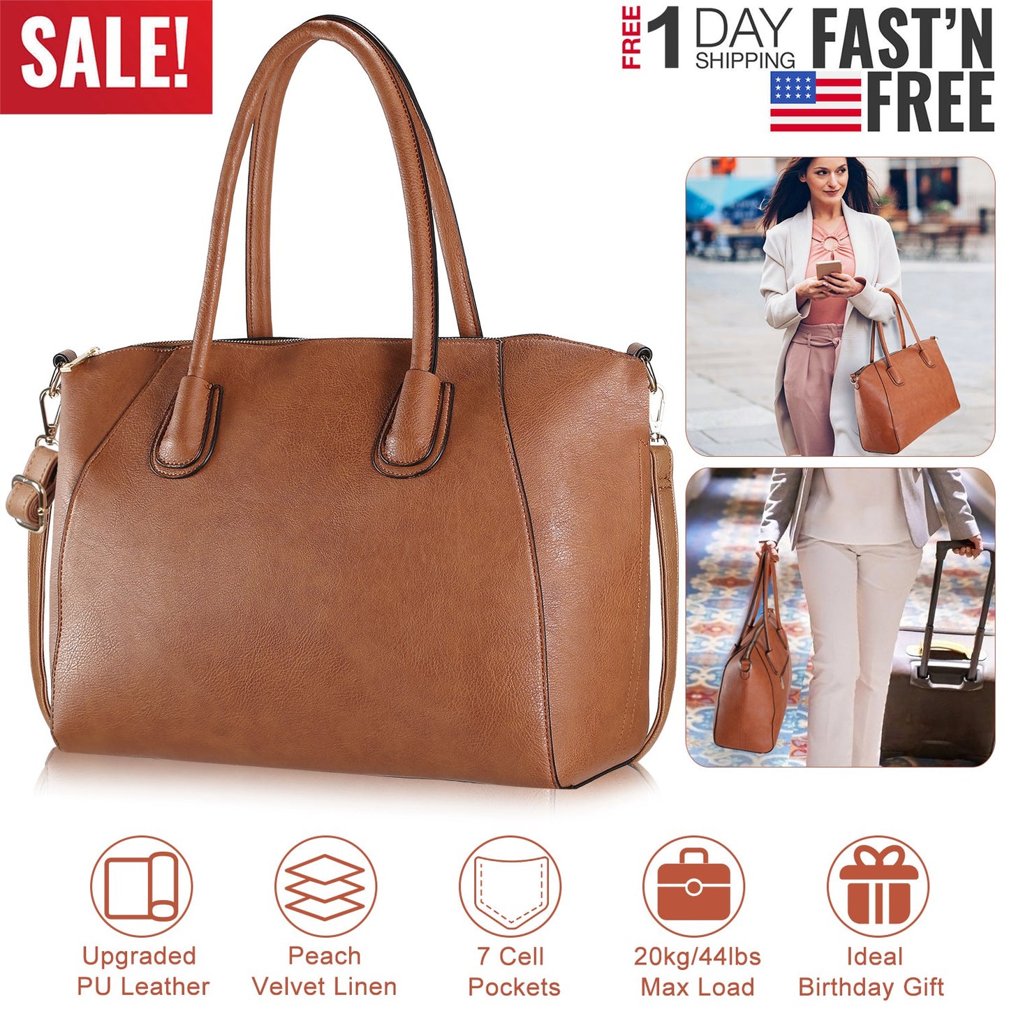 WomenÕs Soft Leather Handbag Tote Bags Large Shoulder Crossbody Bag 7 Cells Zipper Purse Handle Bag Phone Book Cosmetic Case for Office Lady Student