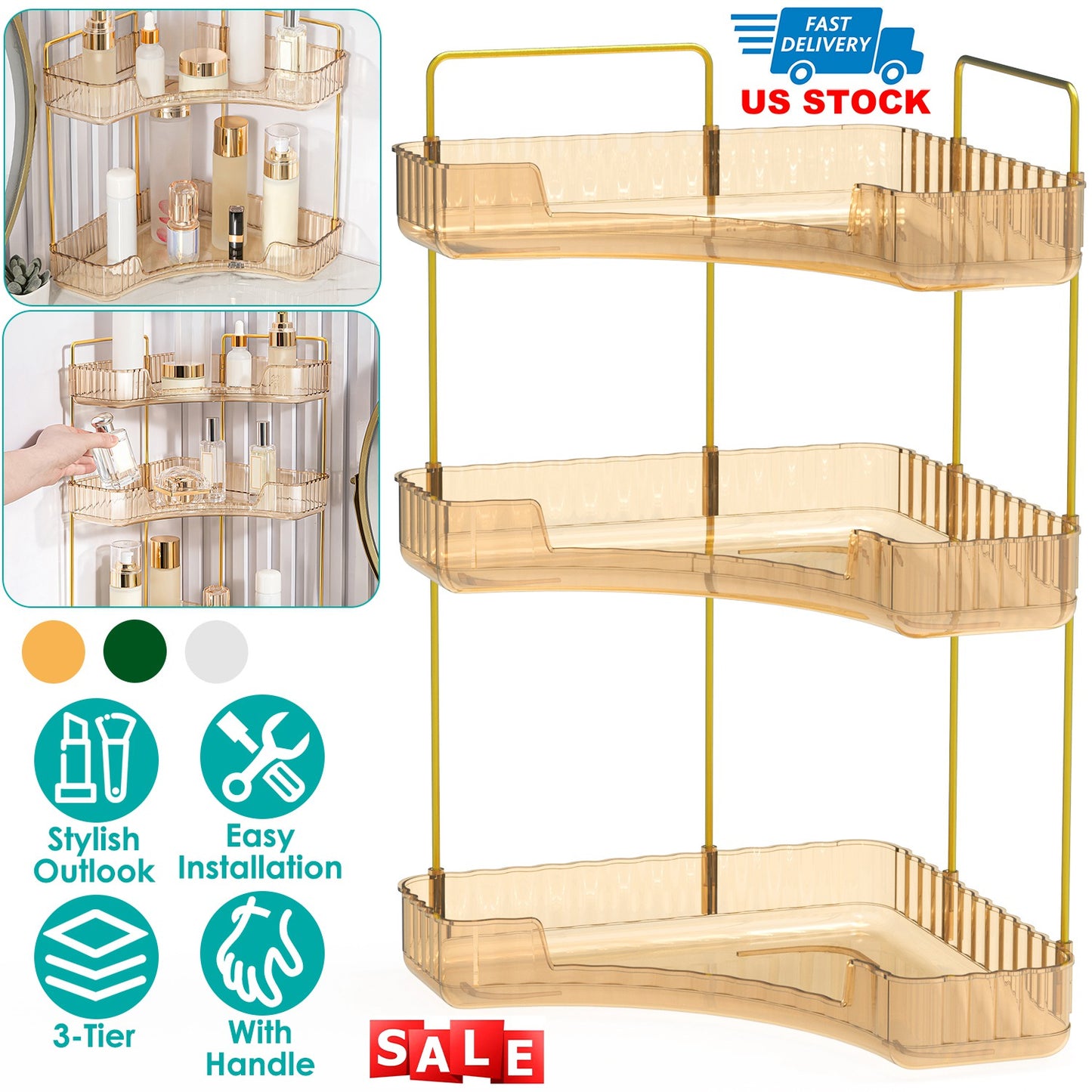 Bathroom Countertop Organizer 3 Tier Corner Makeup Storage Shelf Vanity Cosmetic Perfume Tray Clear Corner Rack for Bedroom Bathroom Kitchen