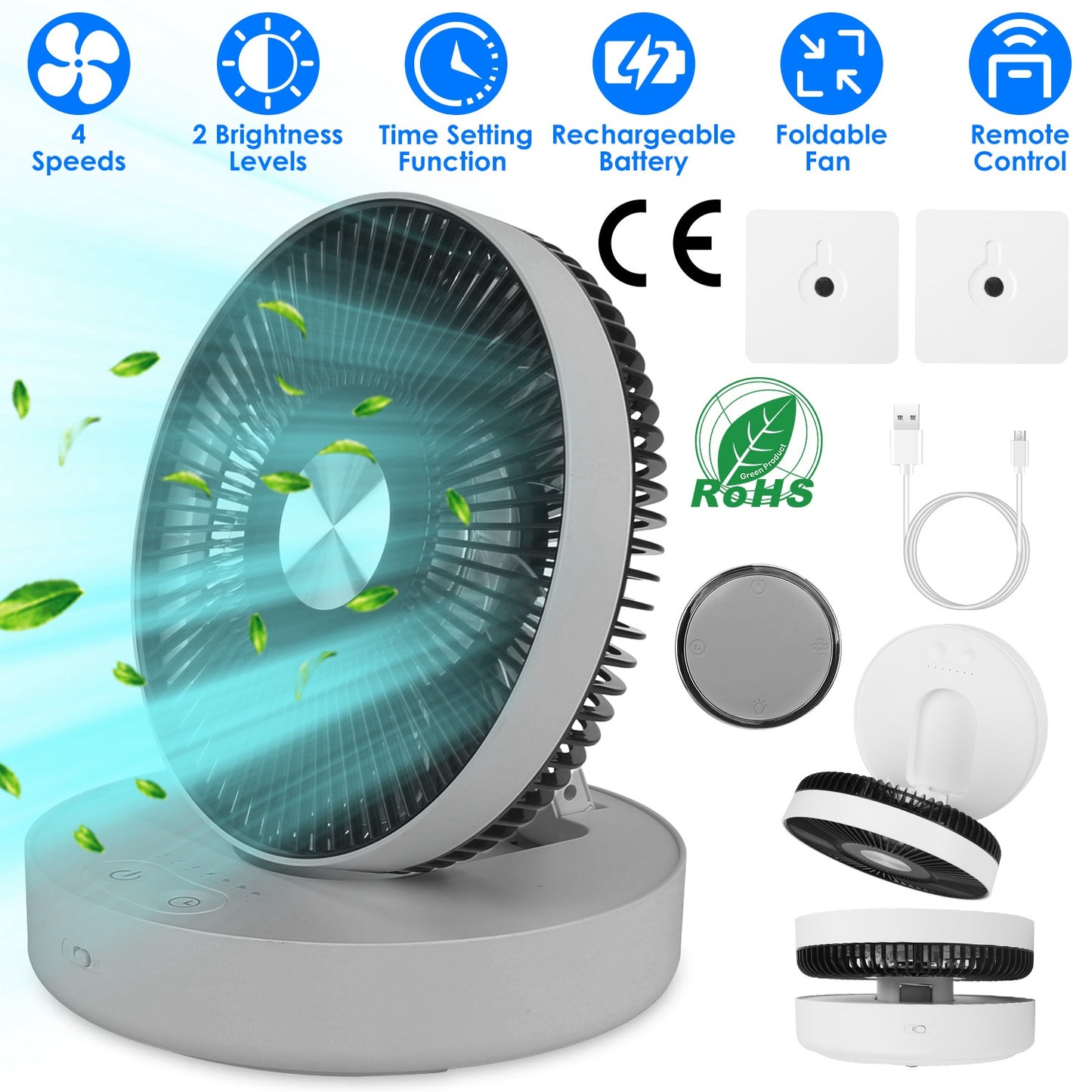 Foldable Rechargeable LED Desk Fan Wall Mounted Fan with Magnetic Remote Hanging Oscillating Fan with 4 Speeds 2 Brightness Time Setting Automatic Rot