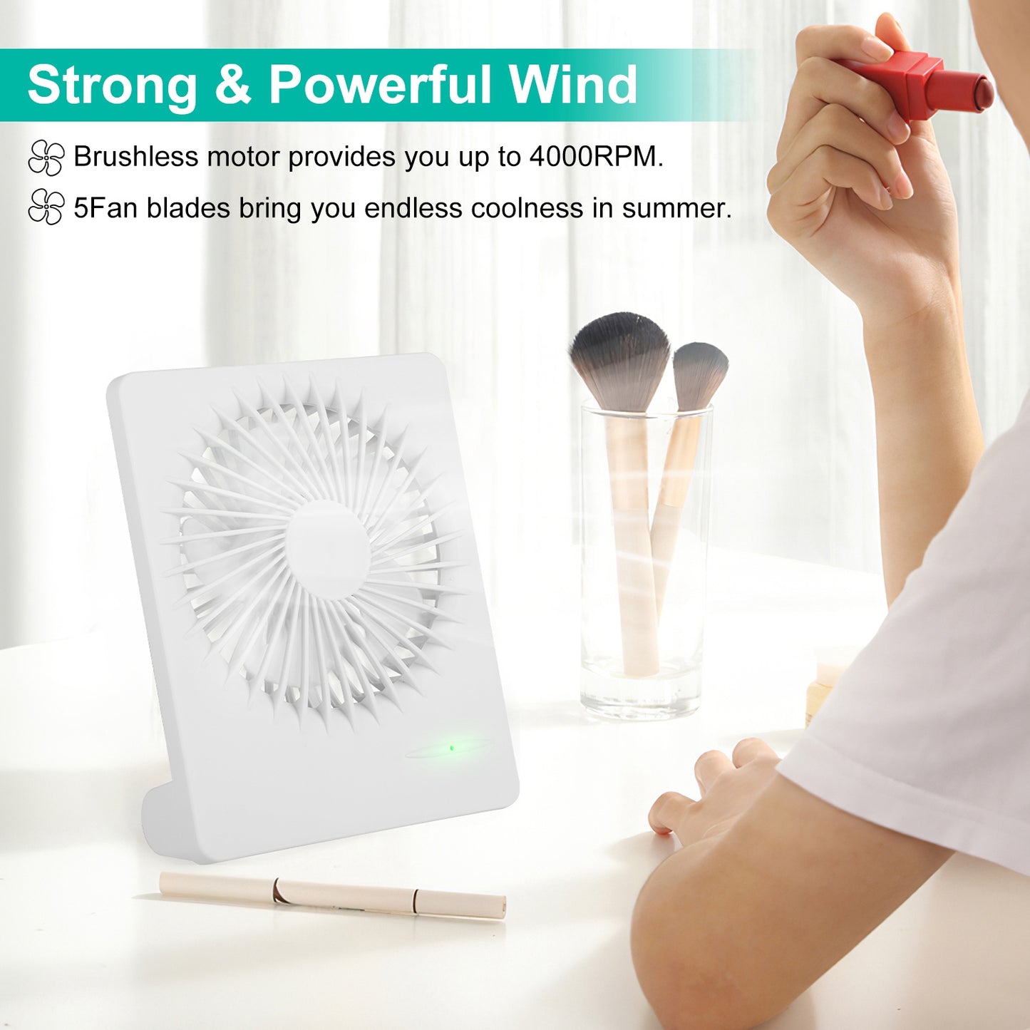 Portable Desk Fan USB Rechargeable Table Cooling Fan Quiet 5 Blades Desktop Fan with 3 Speeds Ajustment for Bedroom Office