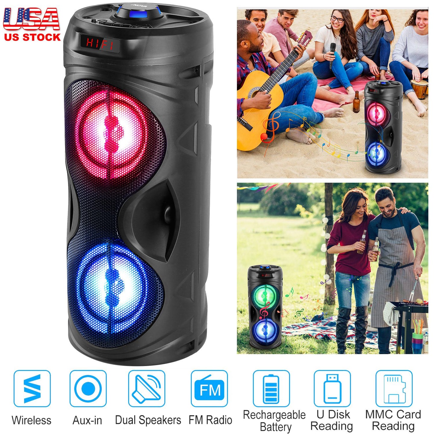 Portable Wireless Party Speaker Karaoke Machine Wireless Speaker with LED DJ Light FM Radio Supports MMC Card/USB Microphone Aux-In for Party Home TV