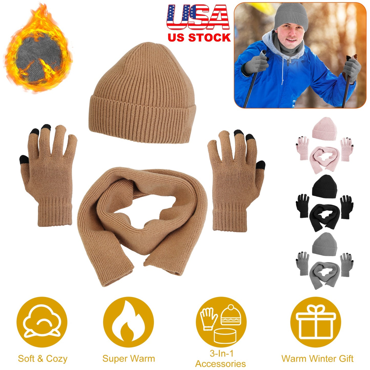 Winter Knitted Hat Scarf Gloves 3Pcs Winter Warm Beanie and Touch Screen Gloves Long Neck Scarf Set Knit Beanie Skull Cap Neck Warmer Anti-Slip Mitten