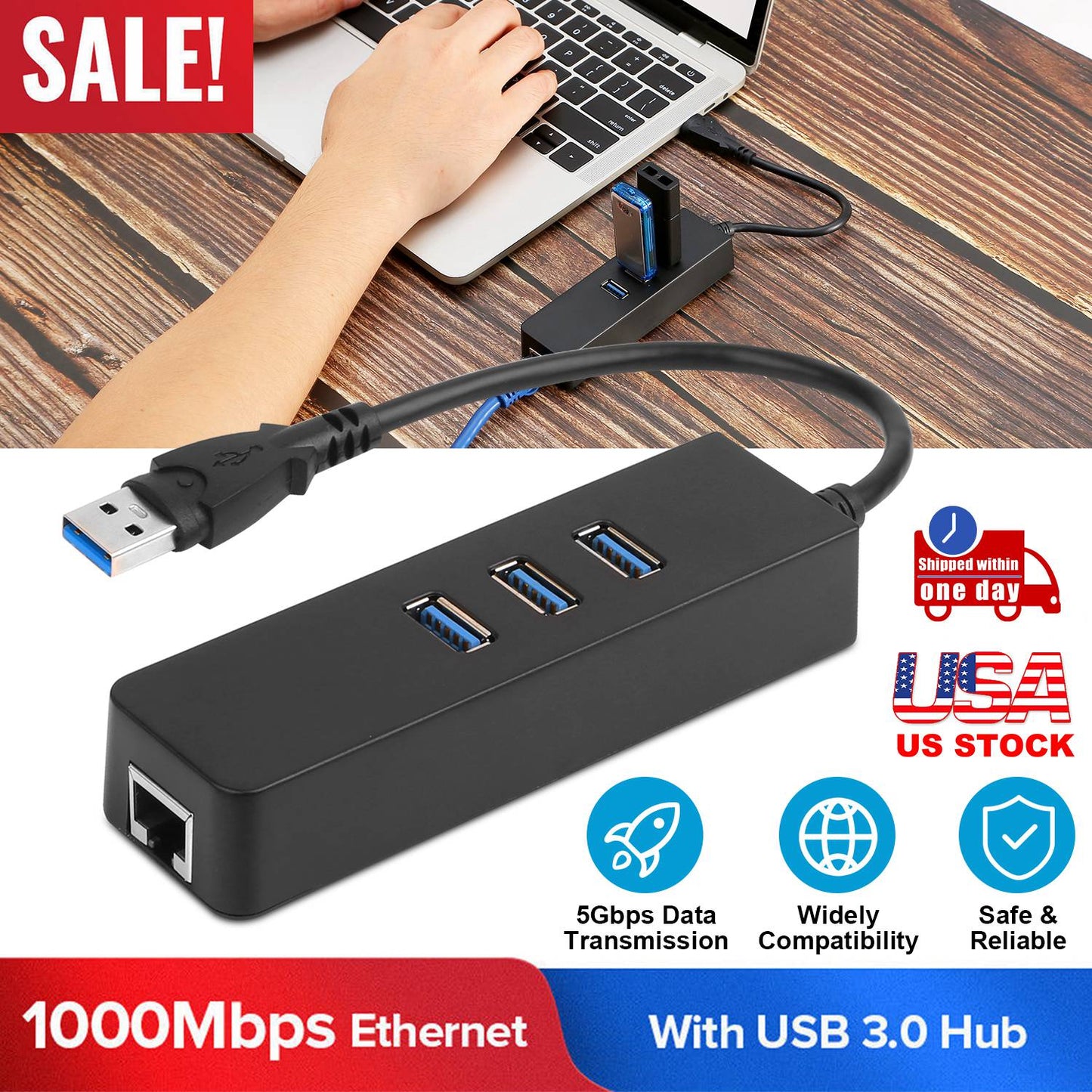3 Ports USB 3.0 Hub Gigabit Ethernet Adapter 10/100/1000 Mbps Converter LAN RJ45 Wired USB Network Adapter