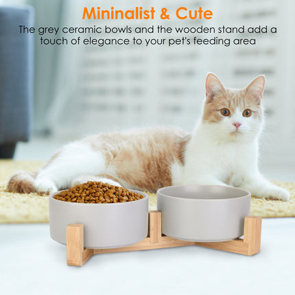 Double 28.7Oz Ceramic Pet Bowls Dog Cat Bowls with Wooden Stand Raised Pet Feeder for Small Dogs Cats