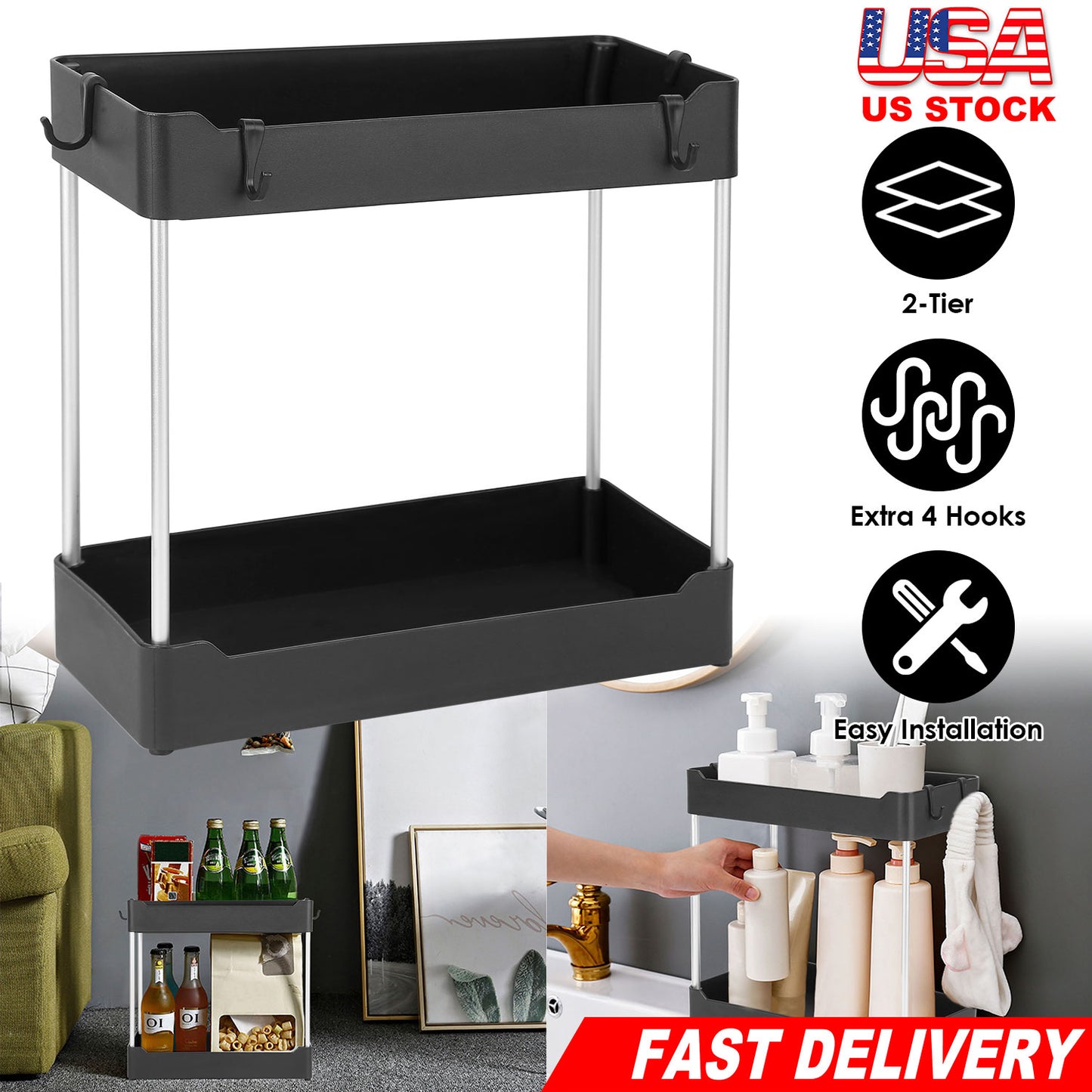 2-Tier Under Sink Shelf Organizer Space Saving Under Bathroom Sink Storage Rack w/ 4 Hooks