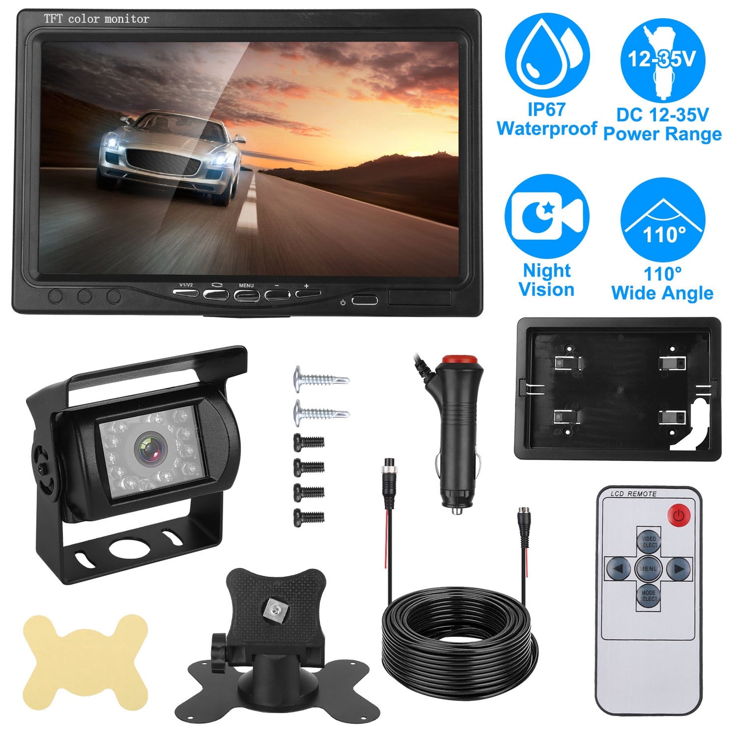 Wireless Backup Camera System Vehicle Rear View Monitor Kit IP67 Waterproof Car Parking Reverse System with 7In Screen Night Vision 2.4G Stable Signal