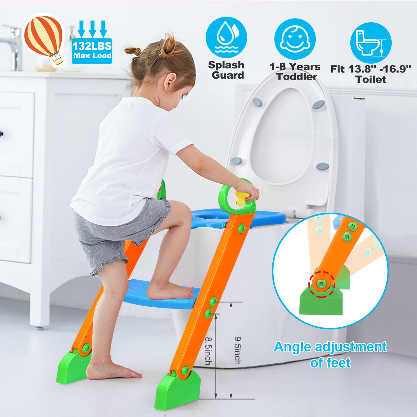 Potty Training Toilet Seat w/ Steps Stool Ladder For Children Baby Foldable Splash Guard Toilet Trainer Chair Anti-slip Feet Pedal Handle 132LBS Max L
