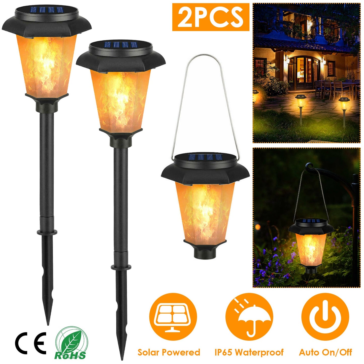 2Pcs Solar Flame Torch Light IP65 Waterproof Flickering Flame Stake Lamp Decorative Landscape Lamp For Garden Path Yard