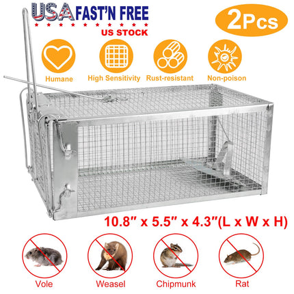 2 Pack Rat Trap Cage Humane Live Rodent Trap Cage Galvanized Iron Mice Mouse Control Bait Catch with Detachable U Shaped Rod