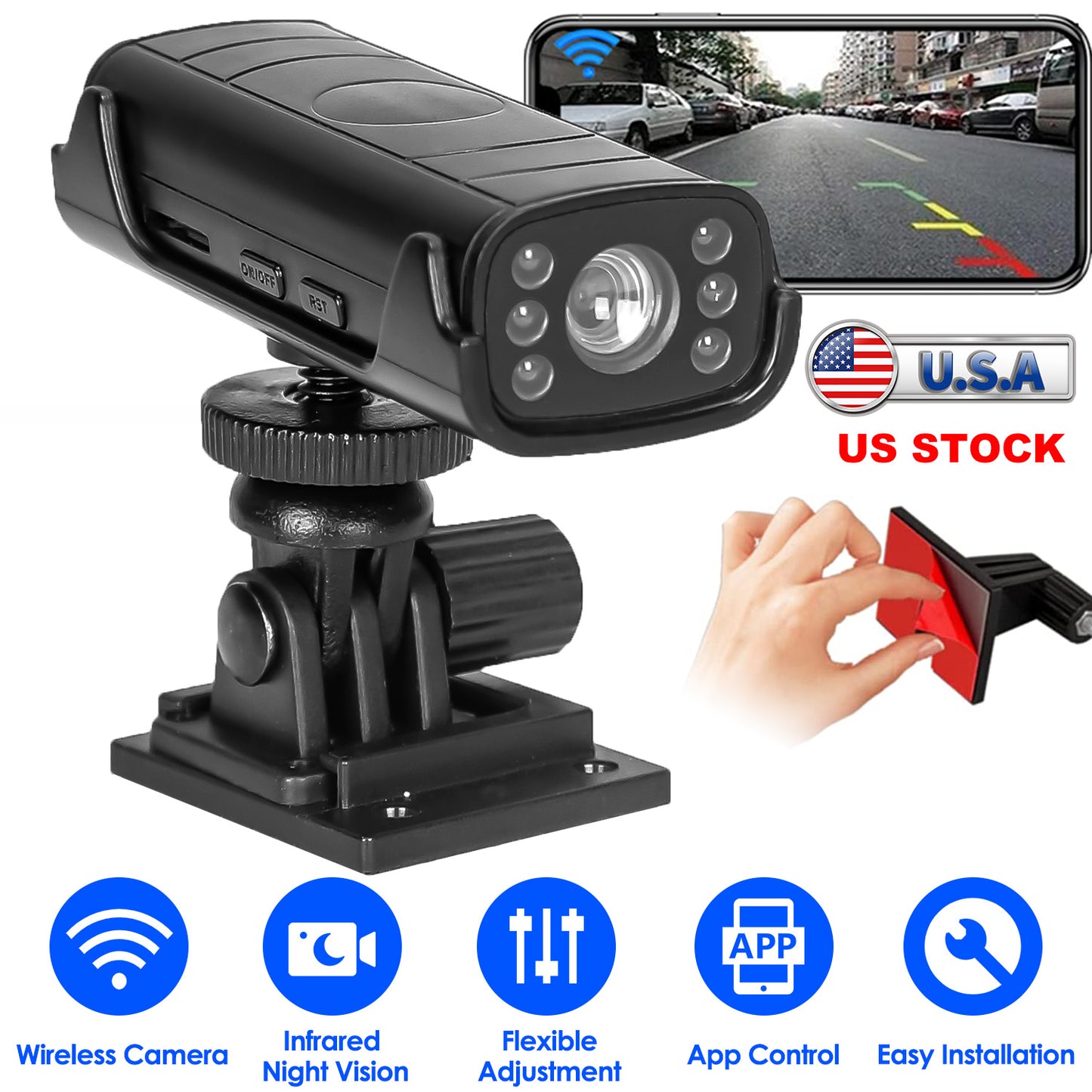 Wireless Camera Reverse Hitch Guide Camera Vehicle Backup Rechargeable Camera with Flexible Adhesive Base Night Vision for Car RVs Trailer Truck