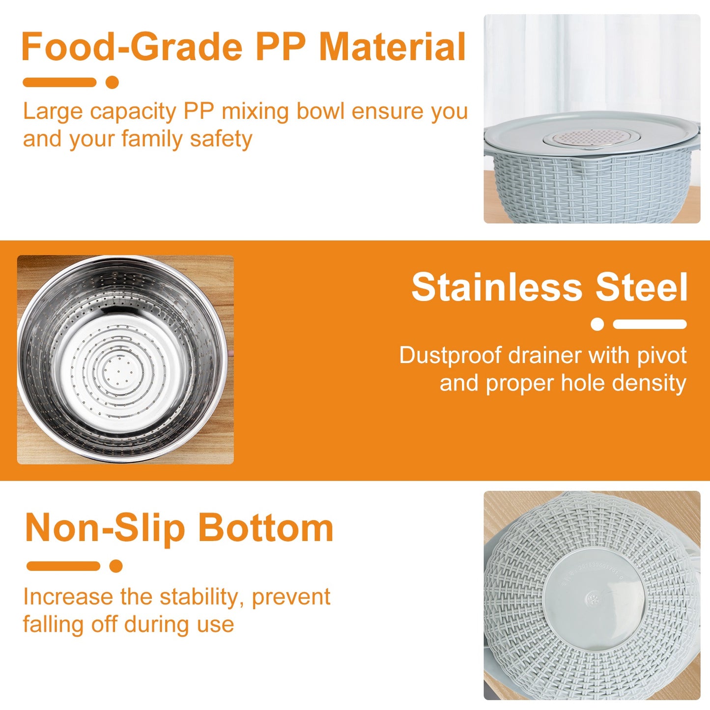 Multifunctional Mixing Bowl with Lid Set 3 Replaceable Graters Food Strainer and Colander Fruit Vegetable Washing Basket Stainless Steel