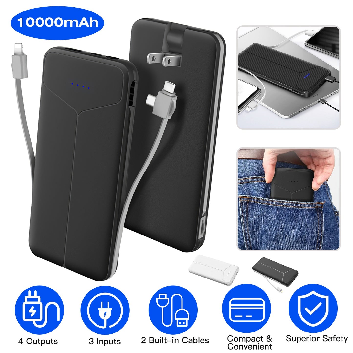 10000mAh Power Bank Portable Charger with US Plug 2 Built-in Cables External Battery Pack with 4 Ouputs 3 Inputs Fit For IOS Phone 14 Android And More