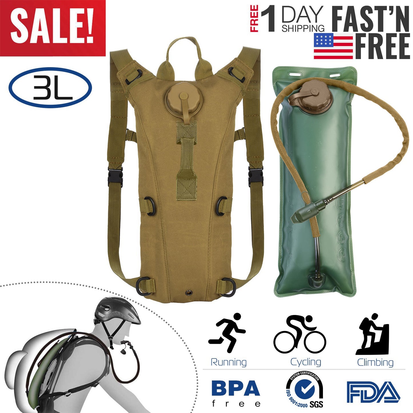 iMounTEK Tactical Hydration Pack 3L Water Bladder Adjustable Water Drink Backpack for Hiking Cycling Climbing Running