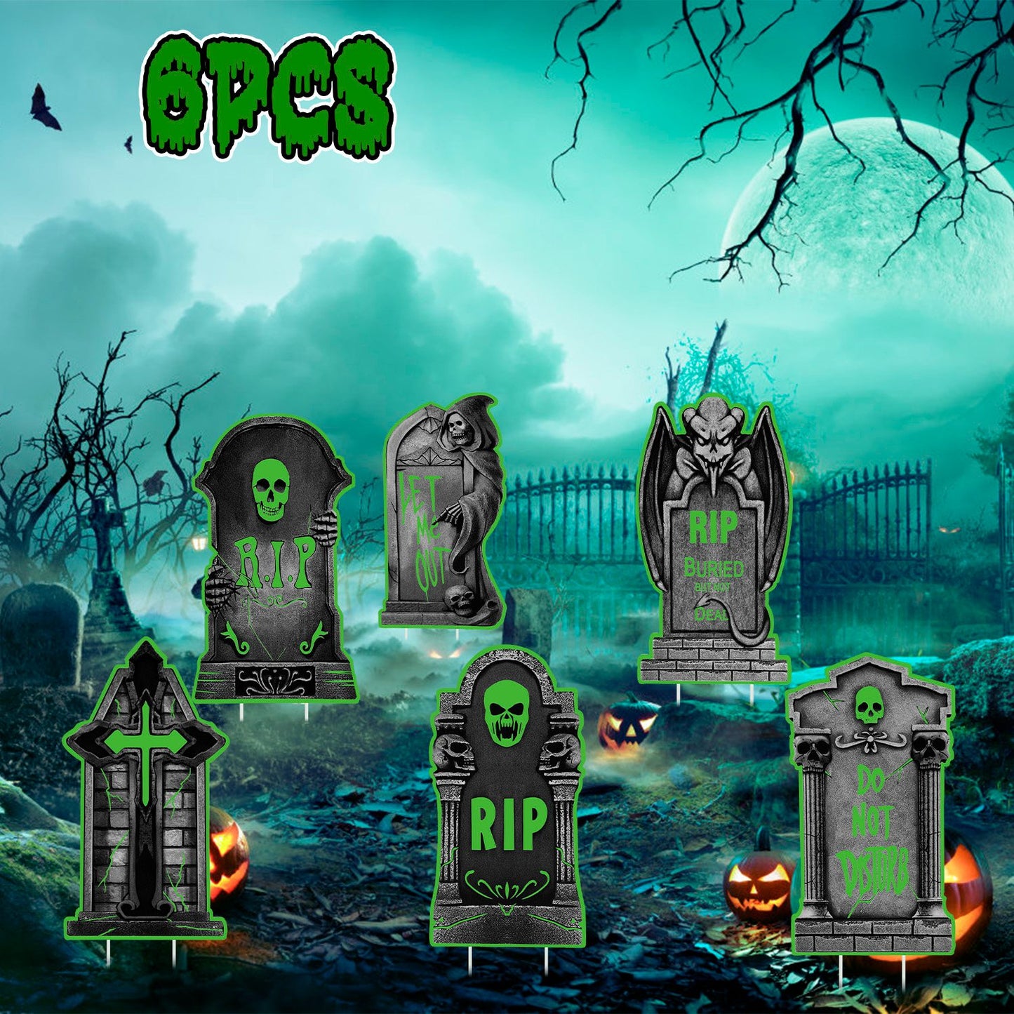 Halloween Tombstone Yard Sign Decorations 6Pcs Glow in the Dark Halloween RIP Tombstone Fluorescence Lawn Sign with 12 Stakes for Haunted House Garden