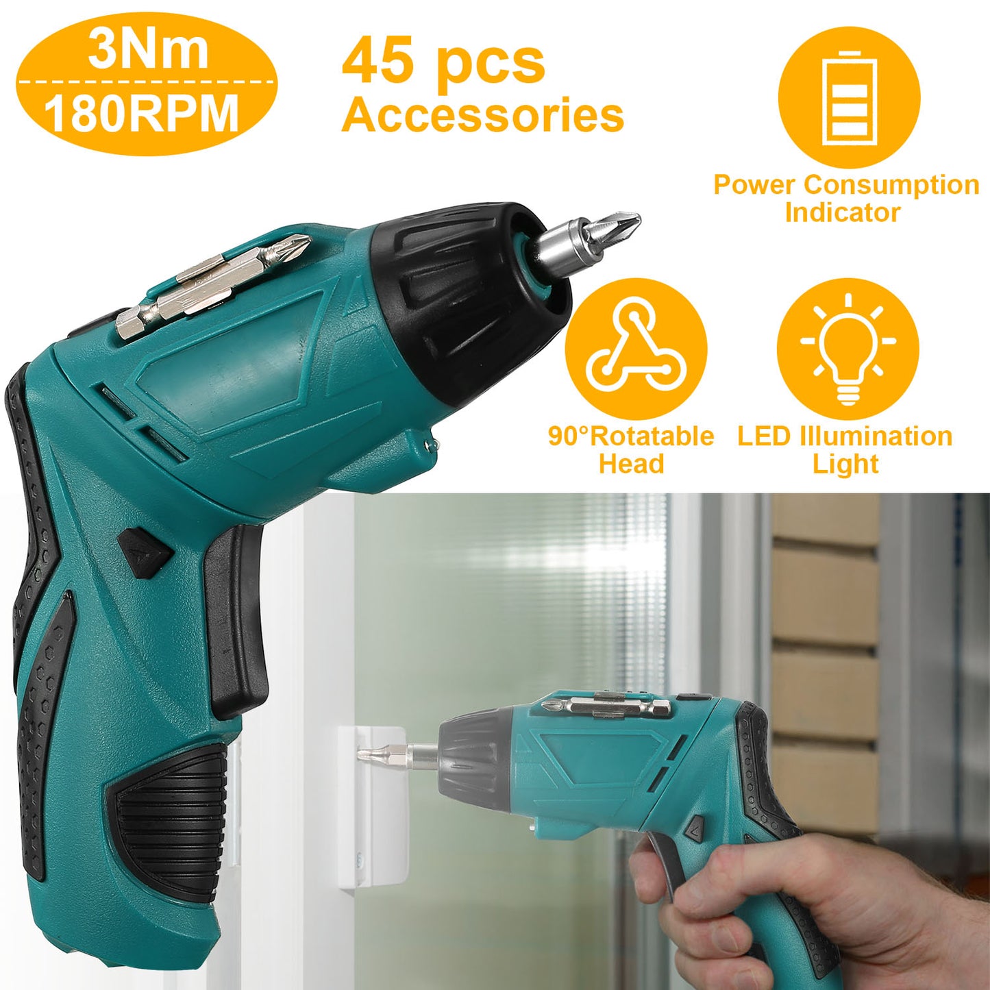 Cordless Electric Screwdriver Set Rechargeable 4.8V Drill Driver w/45 Drill Bits Carrying Case