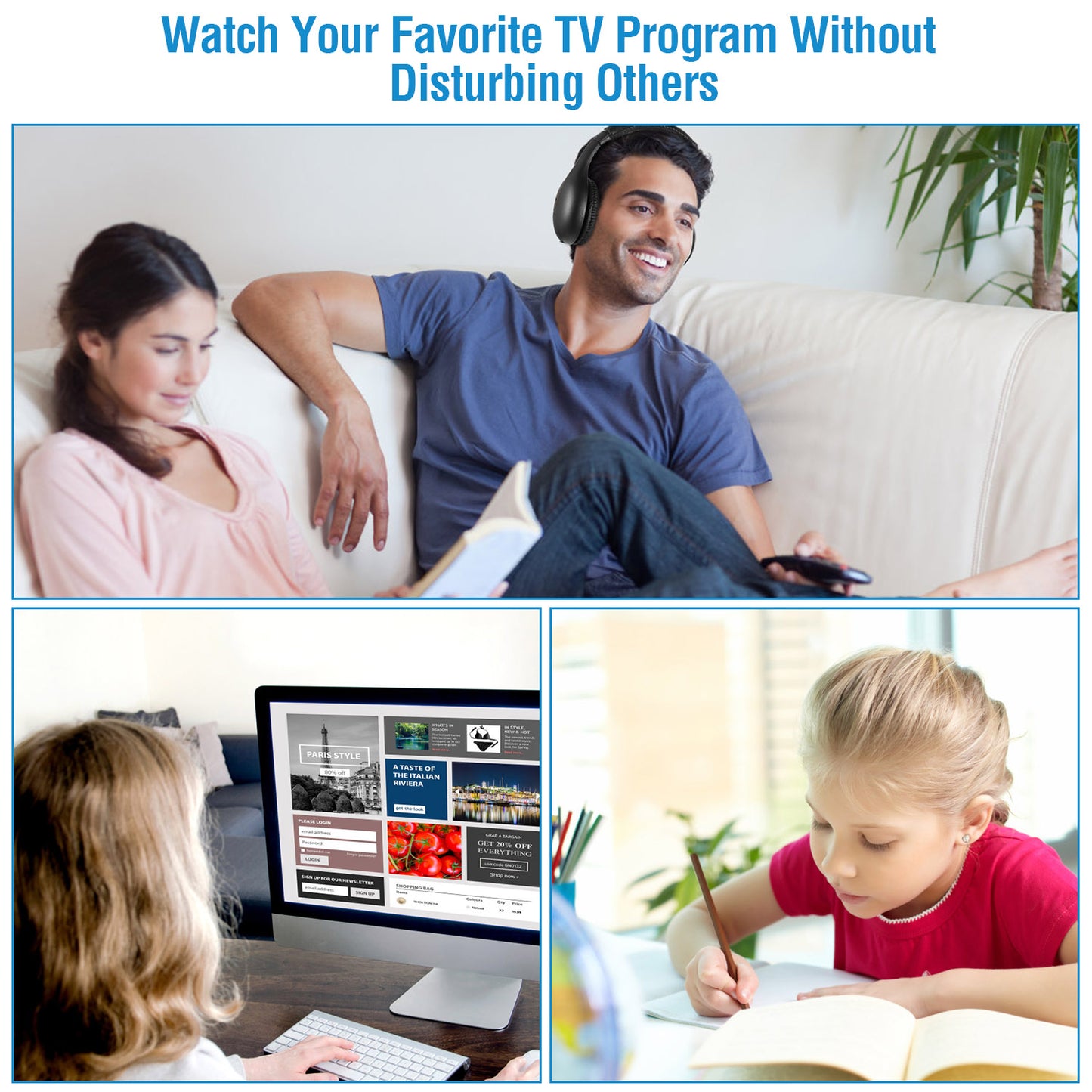 Wireless RF Headphones HiFi Over-Ear Headsets RF Transmitter Receiver w/ MicY-shaped Cable Monitoring Earphone 98.4ft Range for TV Radio CD