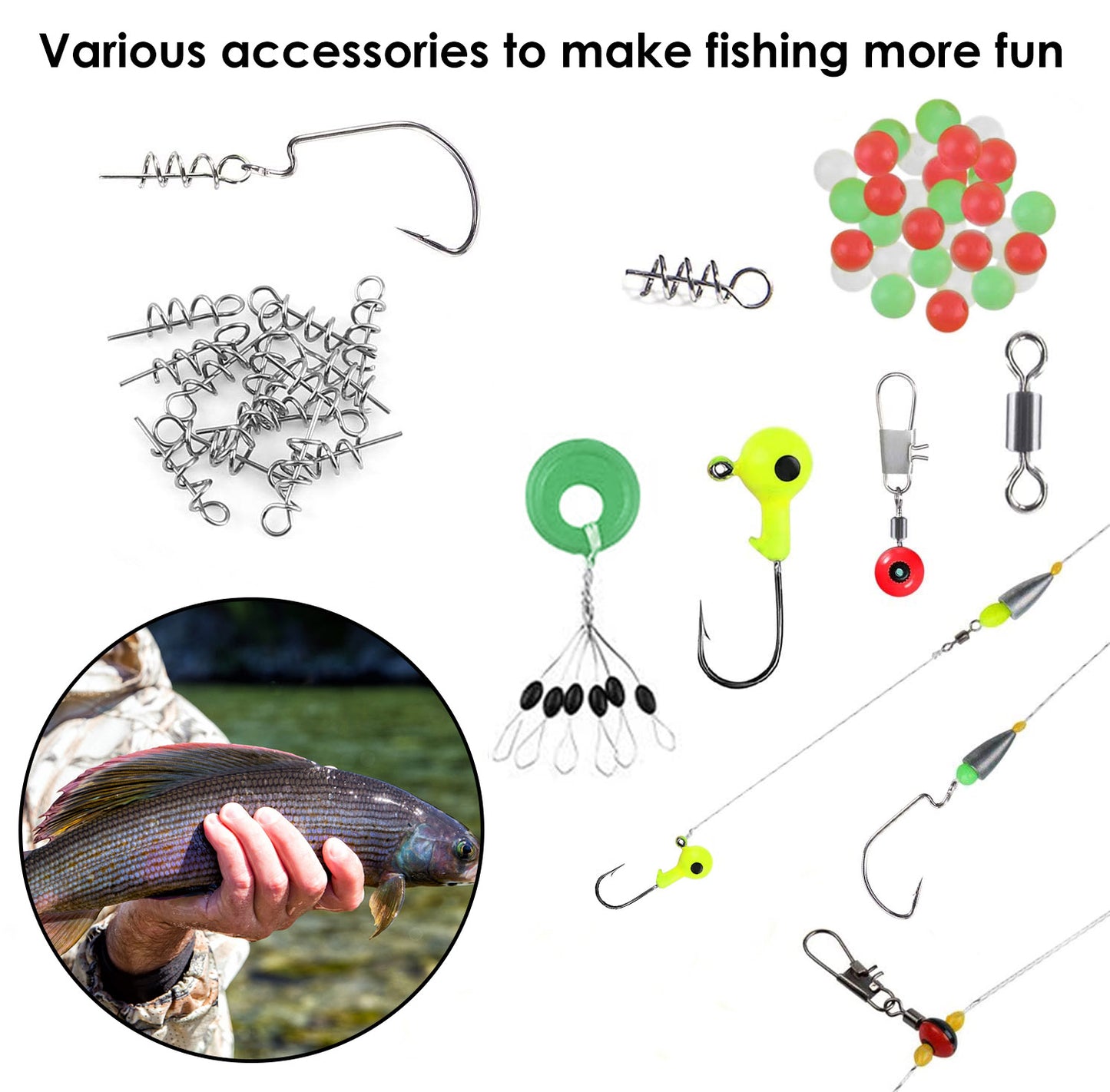 188Pcs Fishing Accessory Kit Portable Fishing Set Including Jig Hooks Sinker Weights Spoon Lure Removable Split Shot w/ Tackle Box