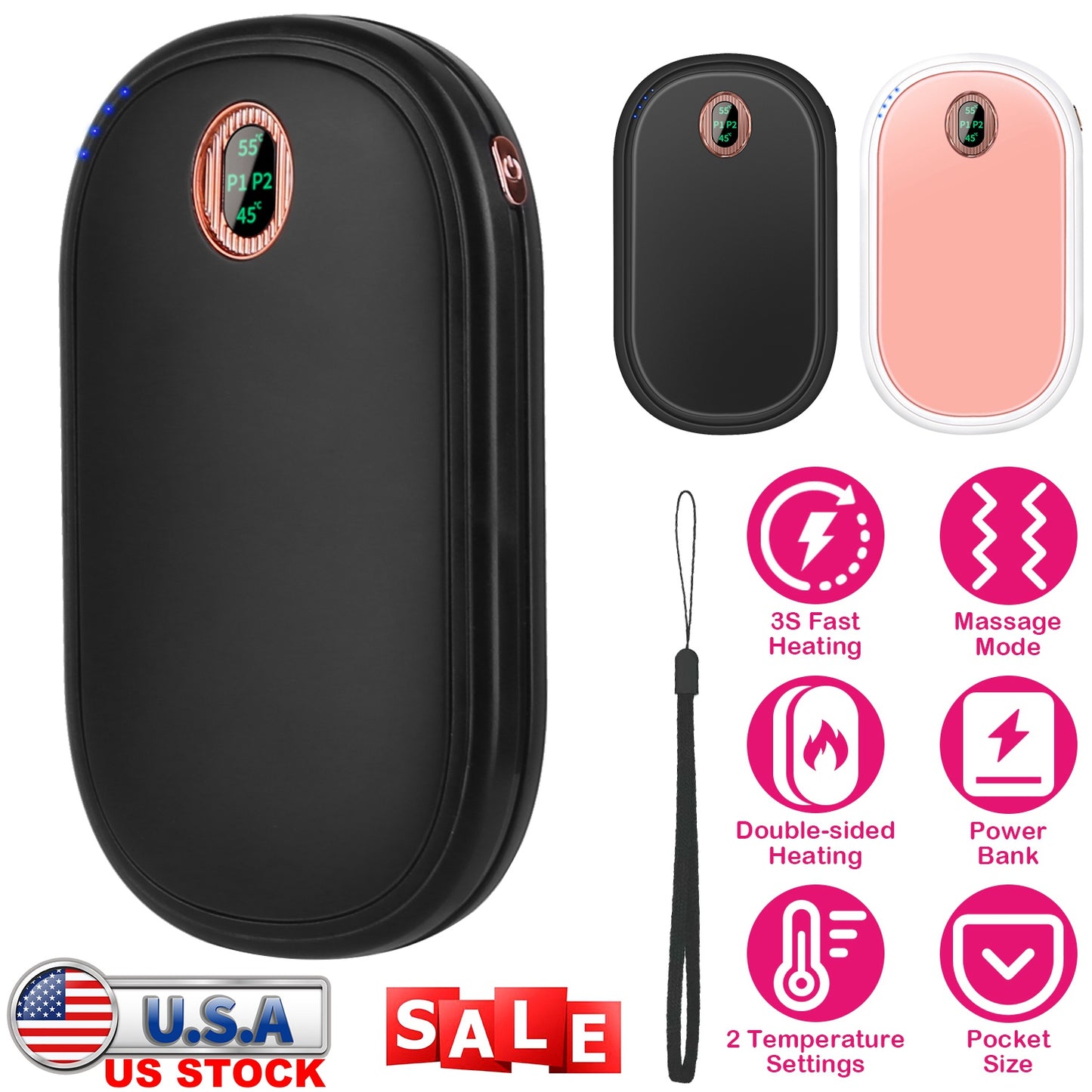 Rechargeable Hand Warmer Electric Hand Heater Portable Reusable Pocket Warmer Power Bank with Digital Display 2 Levels Double-sided Heating