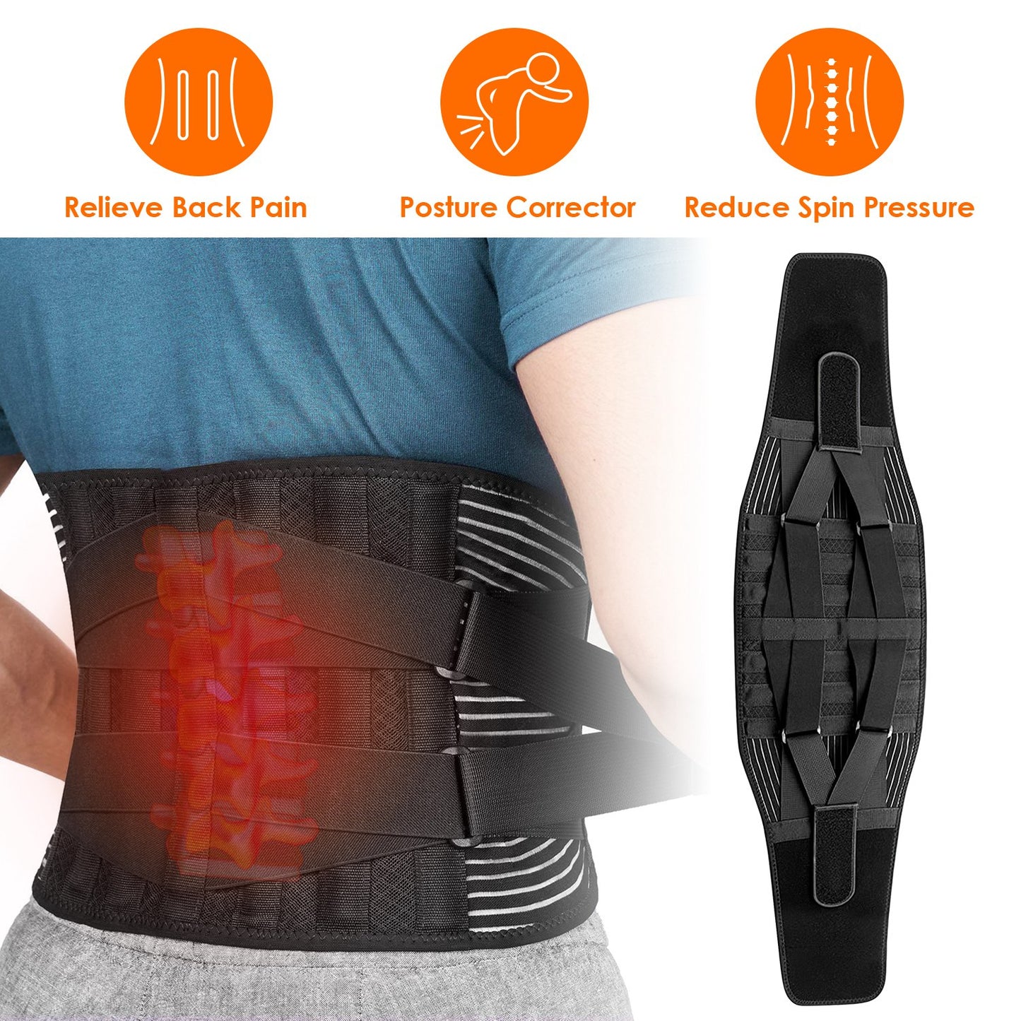 Back Support Brace Breathable Mesh Lumbar Support BeltÊAdjustable Lower Back Brace with Stays and Springs for Pain Relief for Men Women