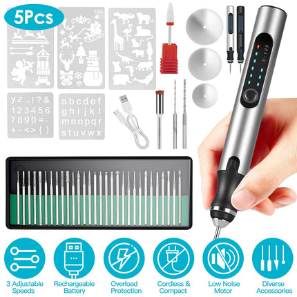 Electric Engraving Pen with 33Pcs Burr Bits 5Pcs Stencils 3 Gears Speed Rechargeable Cordless Professional Engraver Etching Machine For Jewelry Glass